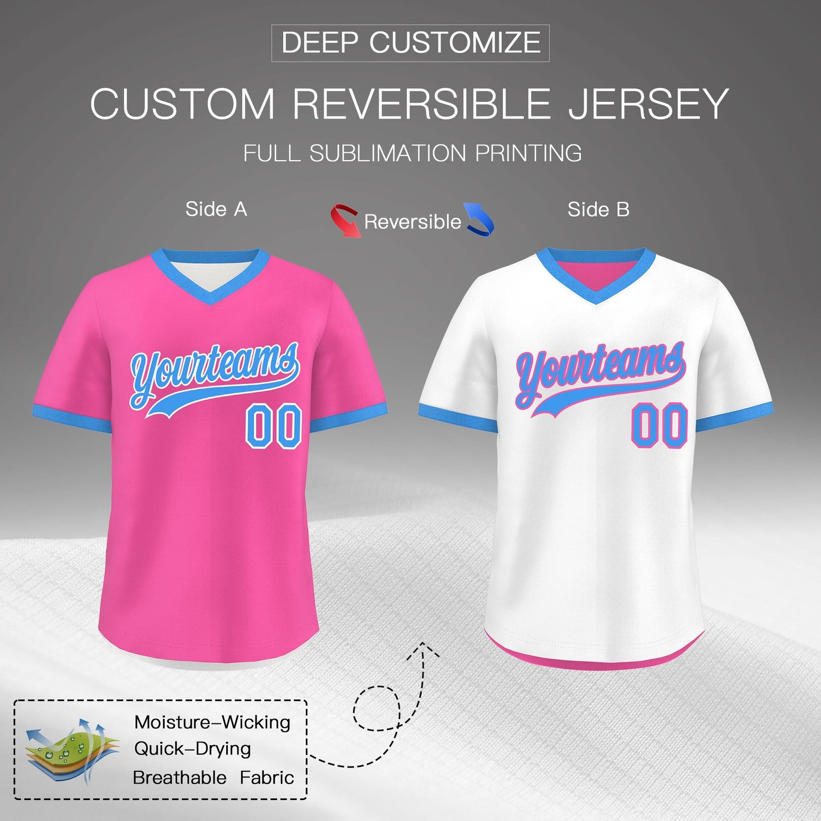 Custom White Pink Powder Blue Reversible Classic Style Quick Dry Baseball Jersey| KXKSHOP