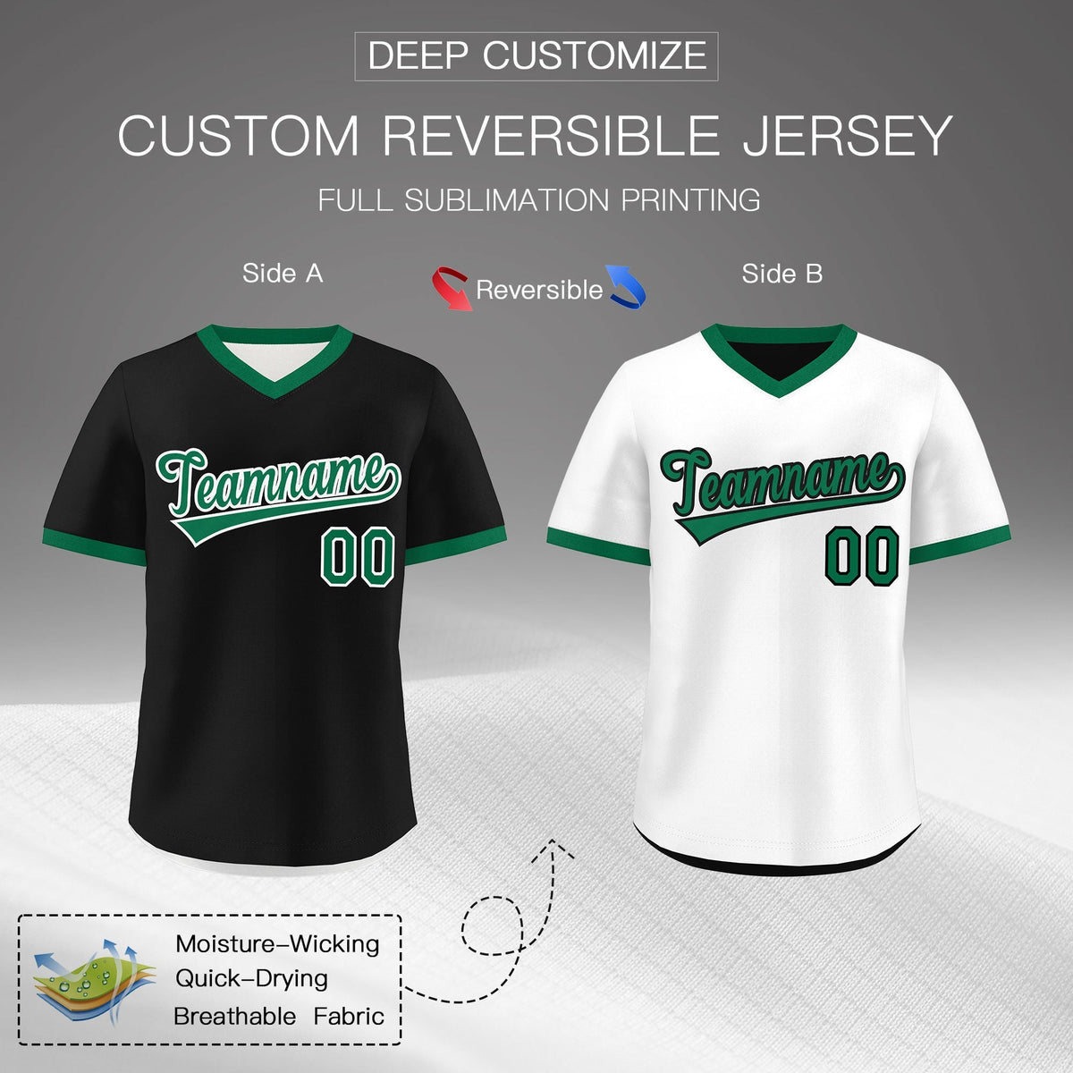 Custom White Black Kelly Green Reversible Classic Style Breathable Baseball Jersey| KXKSHOP
