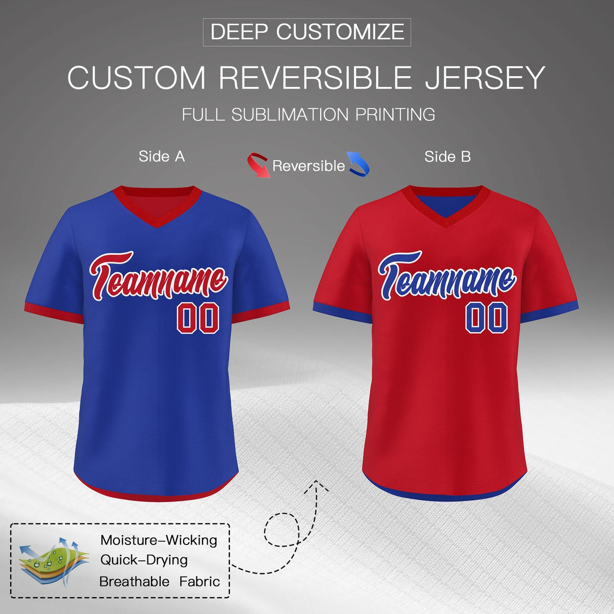 Custom Royal Blue Red Reversible Classic Style Quick Dry Baseball Jersey| KXKSHOP