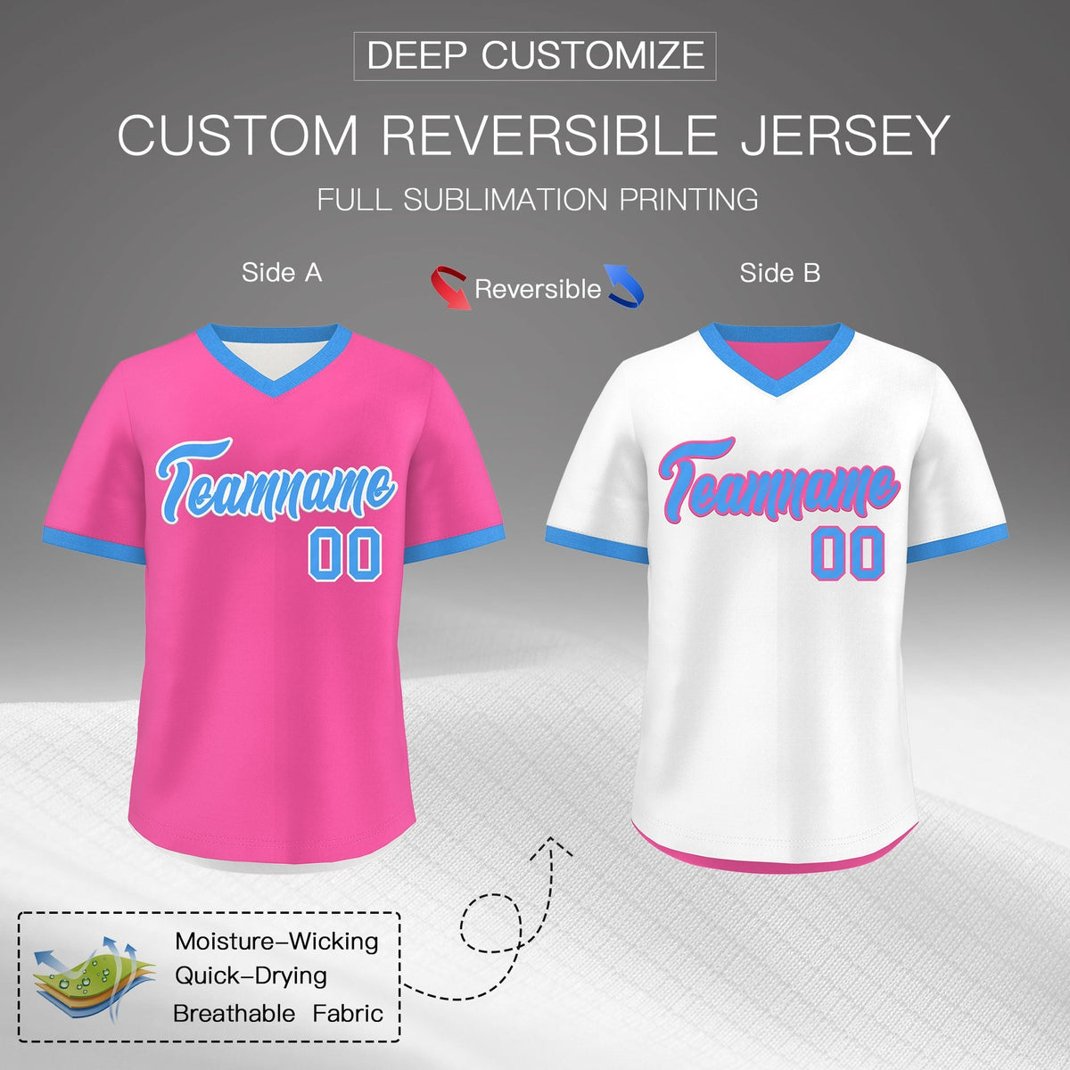 Custom White Pink Powder Blue Reversible Classic Style Quick Dry Baseball Jersey| KXKSHOP