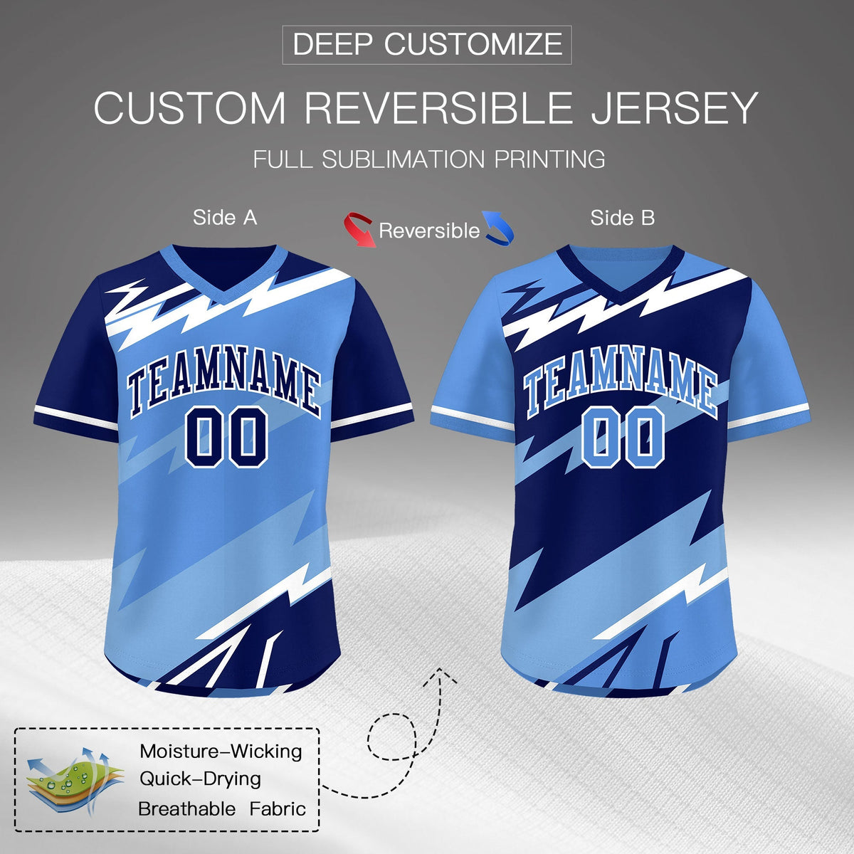 Custom Light Blue Powder Blue White Reversible Tops Lightning Pattern Graffiti Pattern Pullover V-Neck Baseball Jersey| KXKSHOP