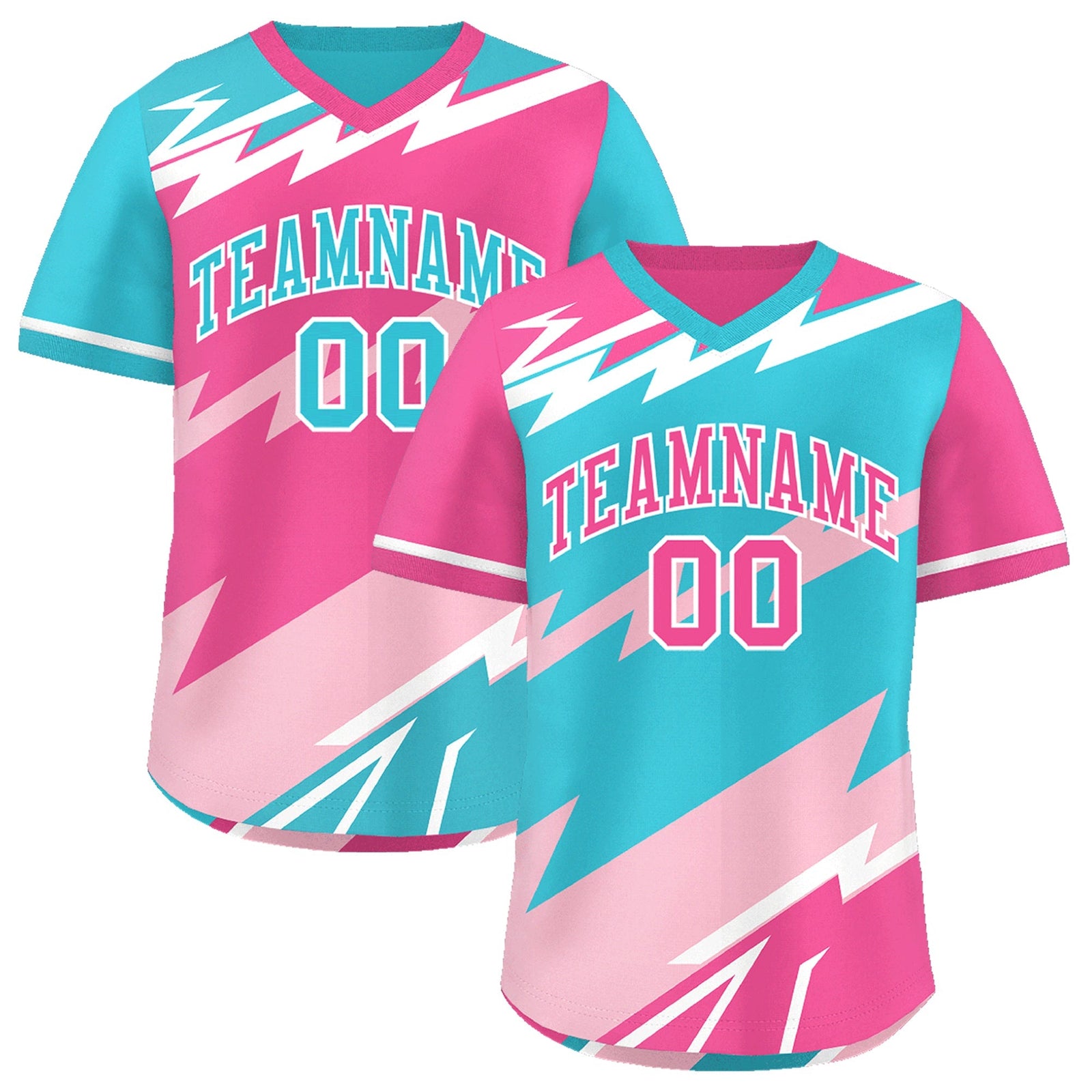 Custom Sky Blue Light Pink Pink Reversible Tops Lightning Pattern Graffiti Pattern Pullover V-Neck Baseball Jersey| KXKSHOP