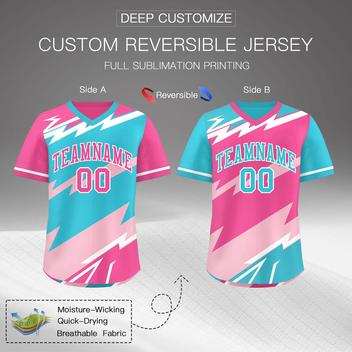 Custom Sky Blue Light Pink Pink Reversible Tops Lightning Pattern Graffiti Pattern Pullover V-Neck Baseball Jersey| KXKSHOP