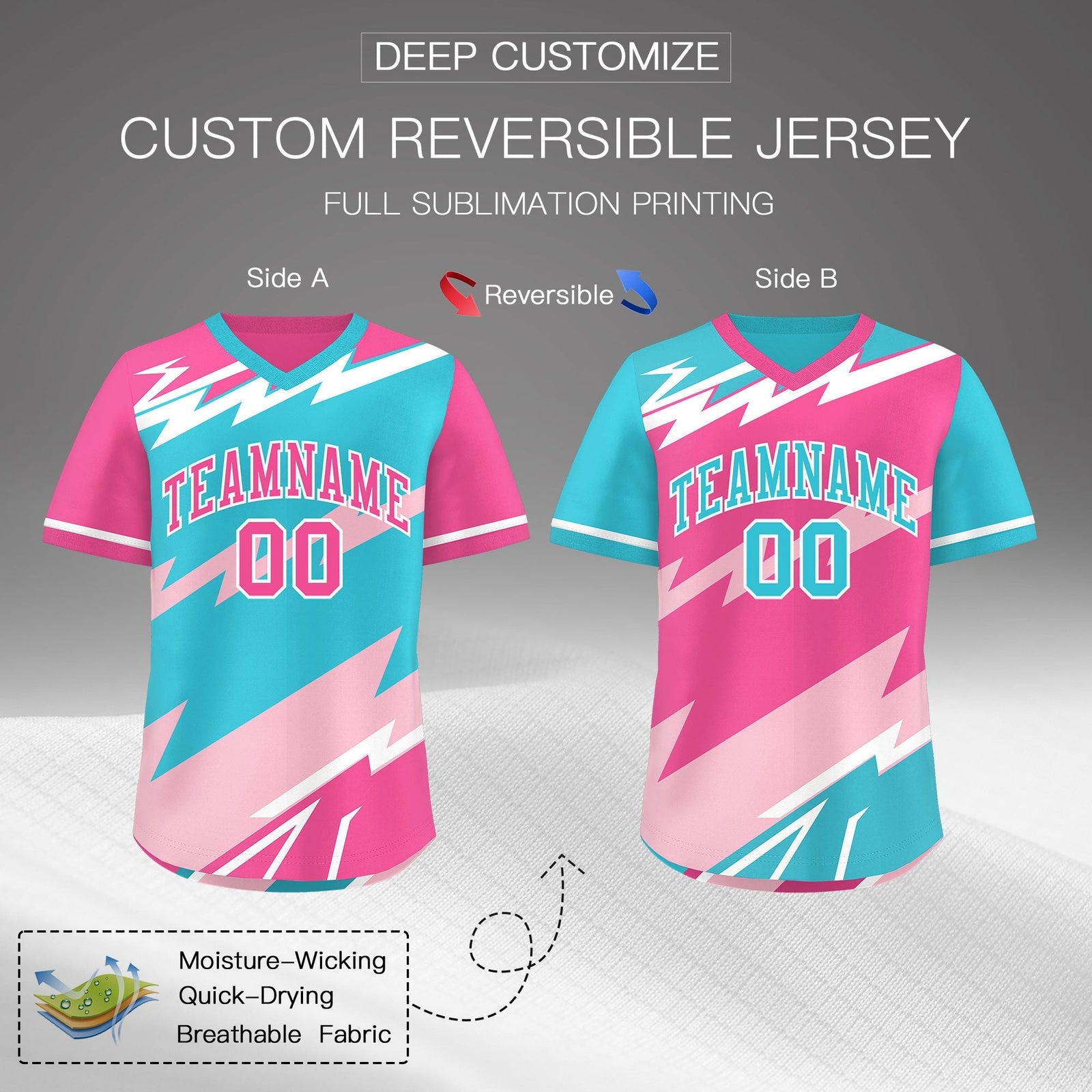 Custom Sky Blue Light Pink Pink Reversible Tops Lightning Pattern Graffiti Pattern Pullover V-Neck Baseball Jersey| KXKSHOP