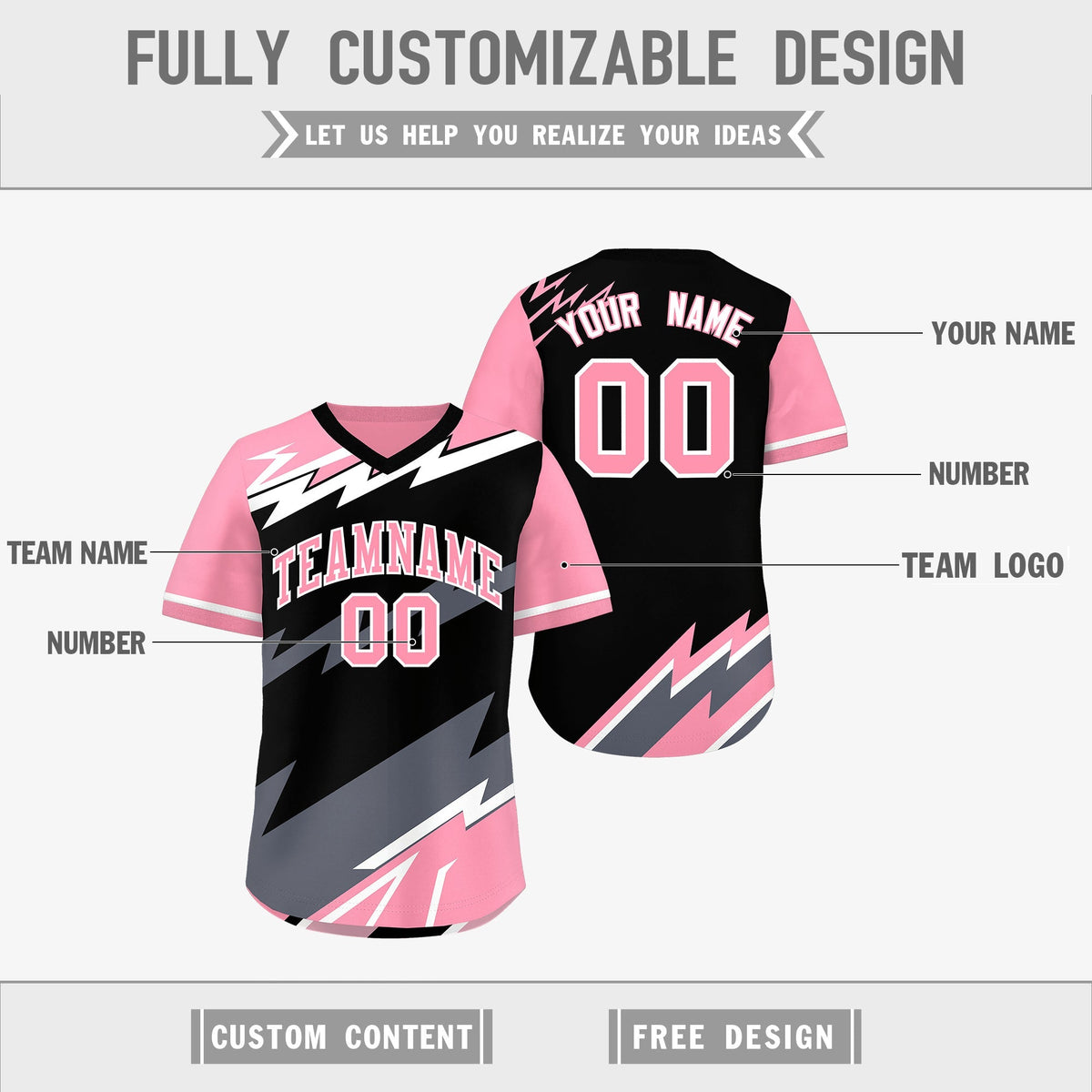 Custom Black Light Pink Gray Reversible Tops Lightning Pattern Graffiti Pattern Pullover V-Neck Baseball Jersey| KXKSHOP