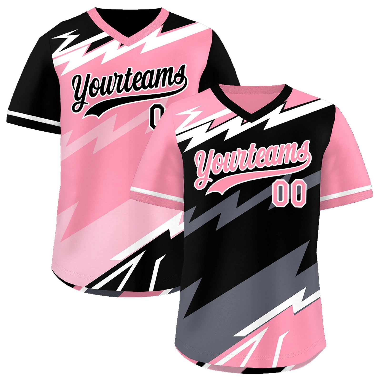Custom Black Light Pink Gray Reversible Tops Lightning Pattern Graffiti Pattern Pullover V-Neck Baseball Jersey| KXKSHOP