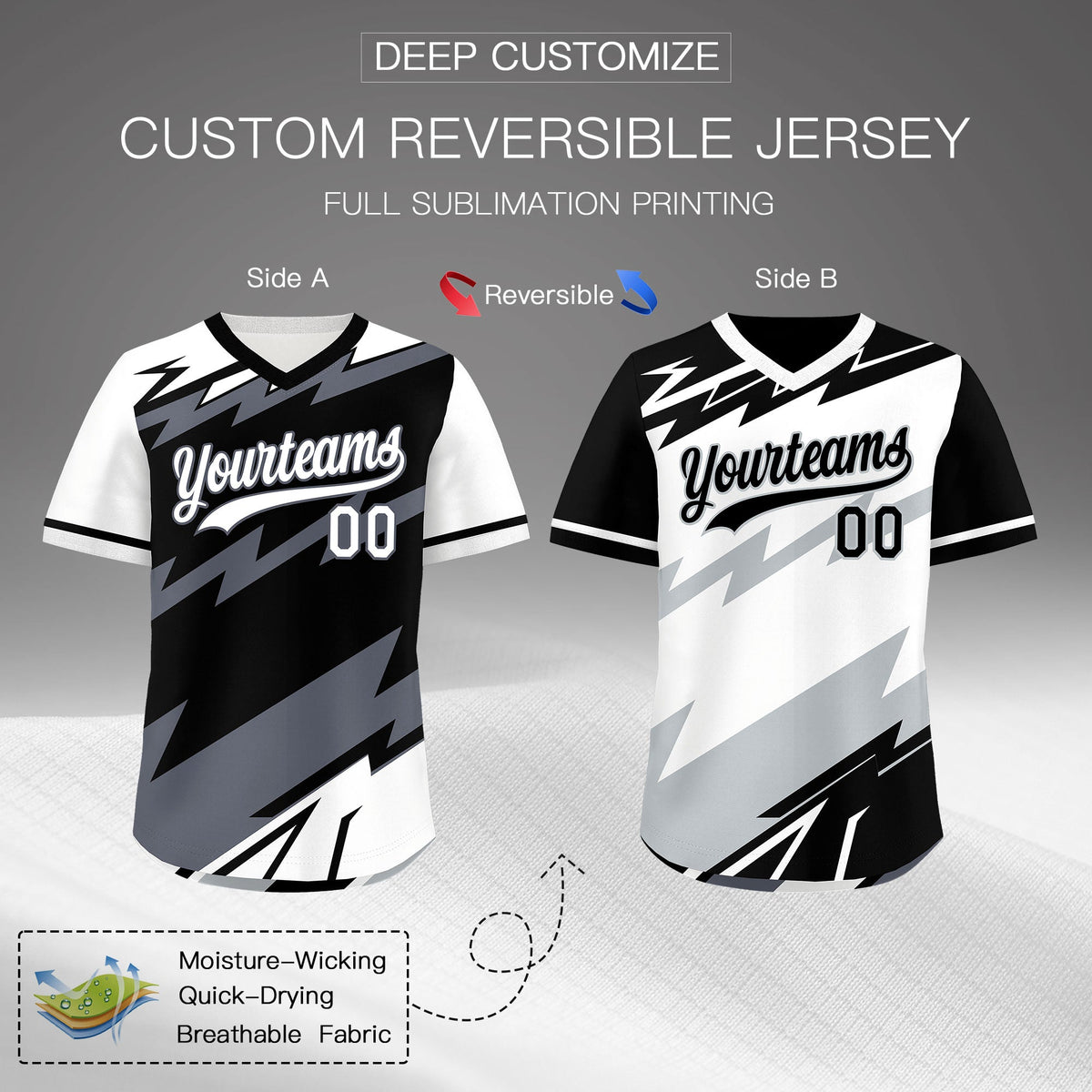 Custom Black White Gray Reversible Tops Lightning Pattern Graffiti Pattern Pullover V-Neck Baseball Jersey| KXKSHOP