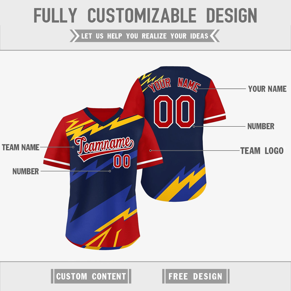 Custom Navy Red Yellow Reversible Tops Lightning Pattern Graffiti Pattern Pullover V-Neck Baseball Jersey| KXKSHOP