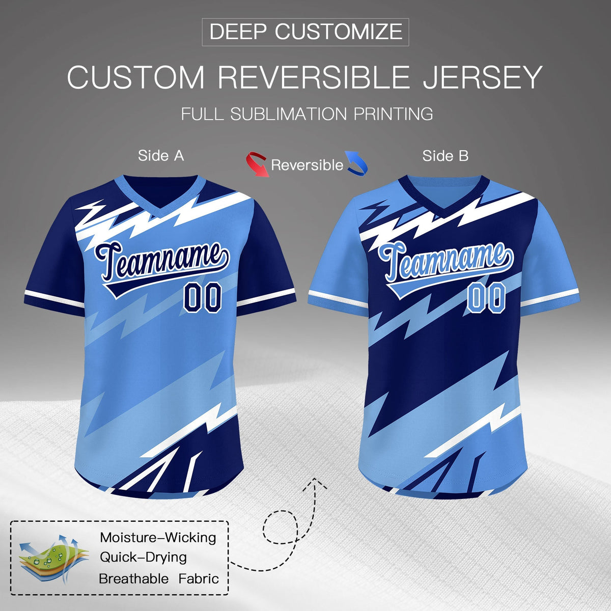 Custom Light Blue Powder Blue White Reversible Tops Lightning Pattern Graffiti Pattern Pullover V-Neck Baseball Jersey| KXKSHOP