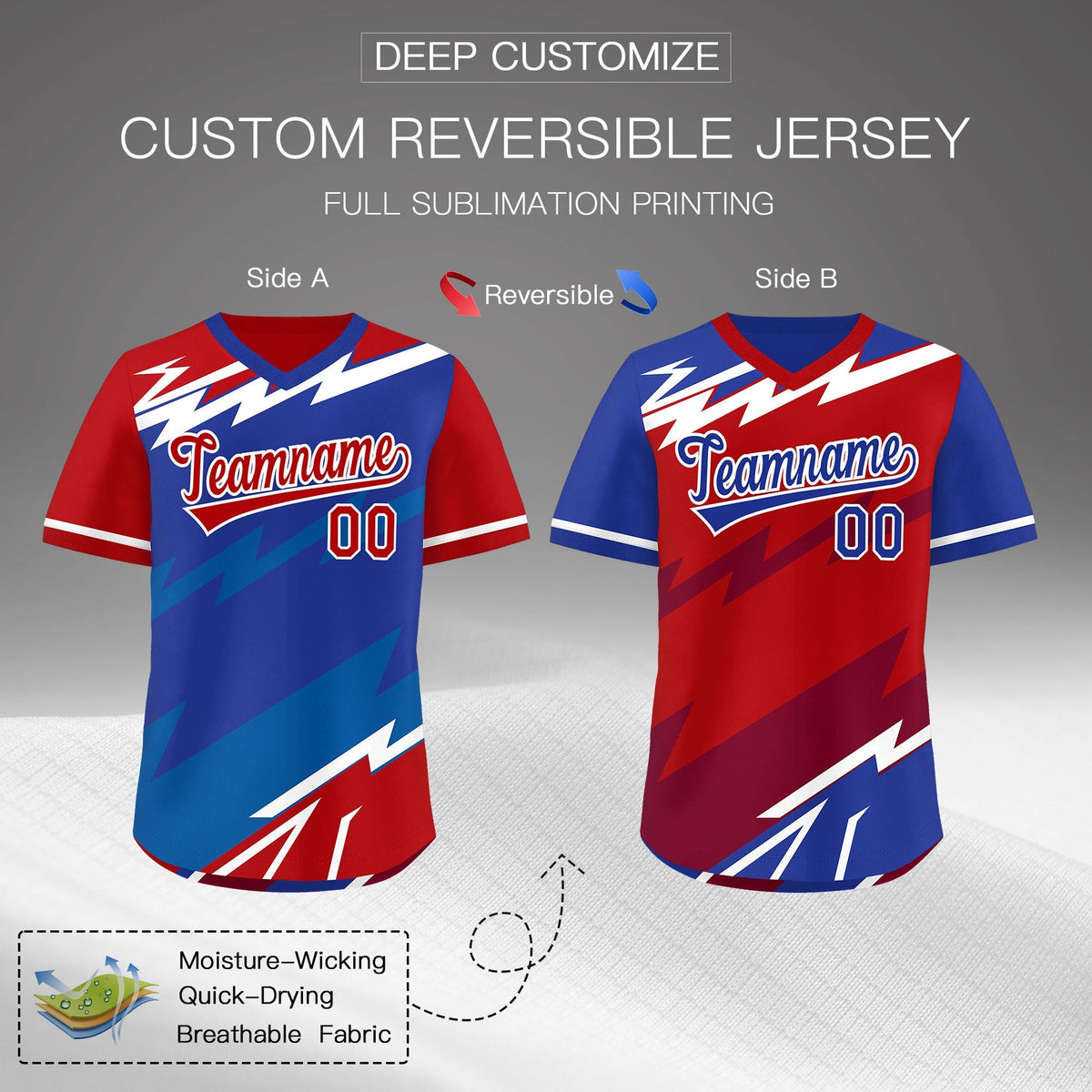 Custom Royal Blue Red Royal Reversible Tops Lightning Pattern Graffiti Pattern Pullover V-Neck Baseball Jersey| KXKSHOP