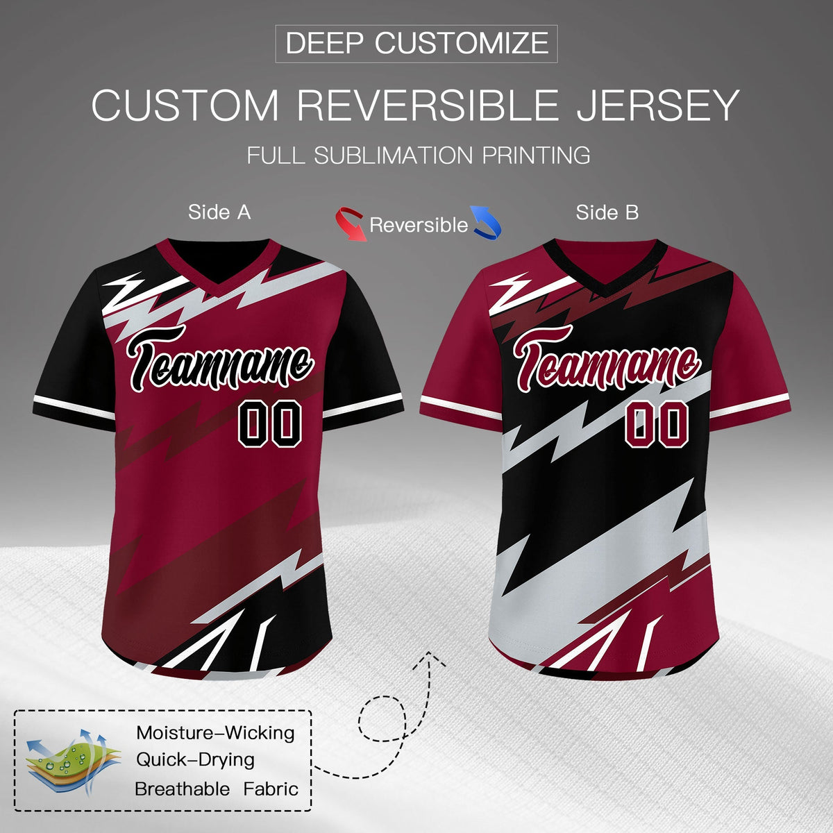 Custom Crimson Black Burgundy Reversible Tops Lightning Pattern Graffiti Pattern Pullover V-Neck Baseball Jersey| KXKSHOP