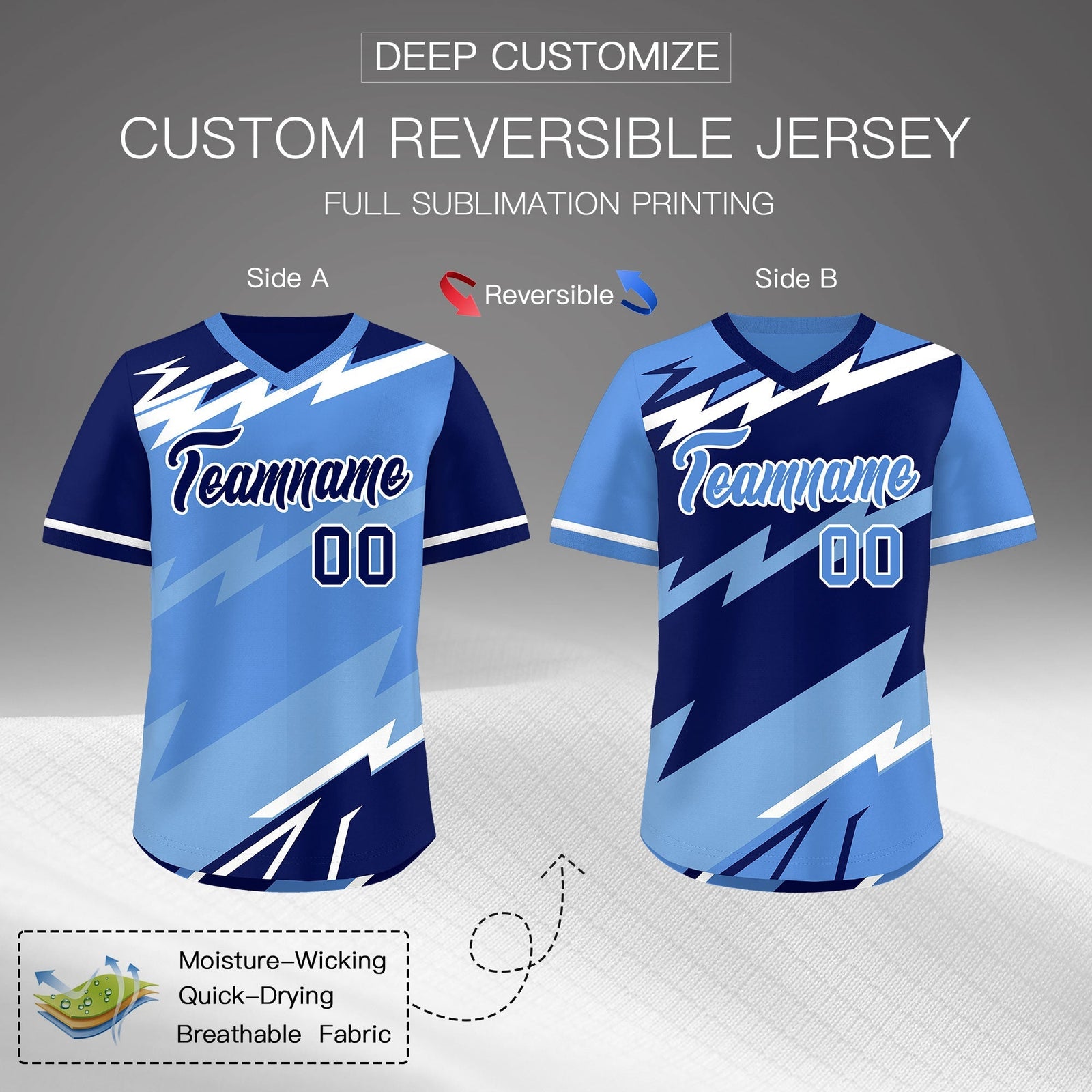 Custom Light Blue Powder Blue White Reversible Tops Lightning Pattern Graffiti Pattern Pullover V-Neck Baseball Jersey| KXKSHOP