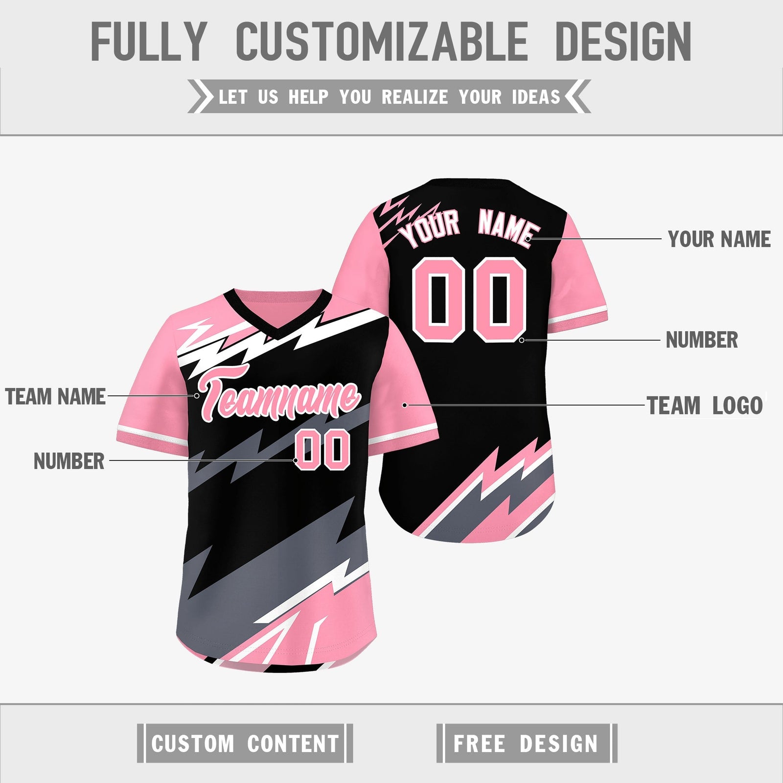 Custom Black Light Pink Gray Reversible Tops Lightning Pattern Graffiti Pattern Pullover V-Neck Baseball Jersey| KXKSHOP