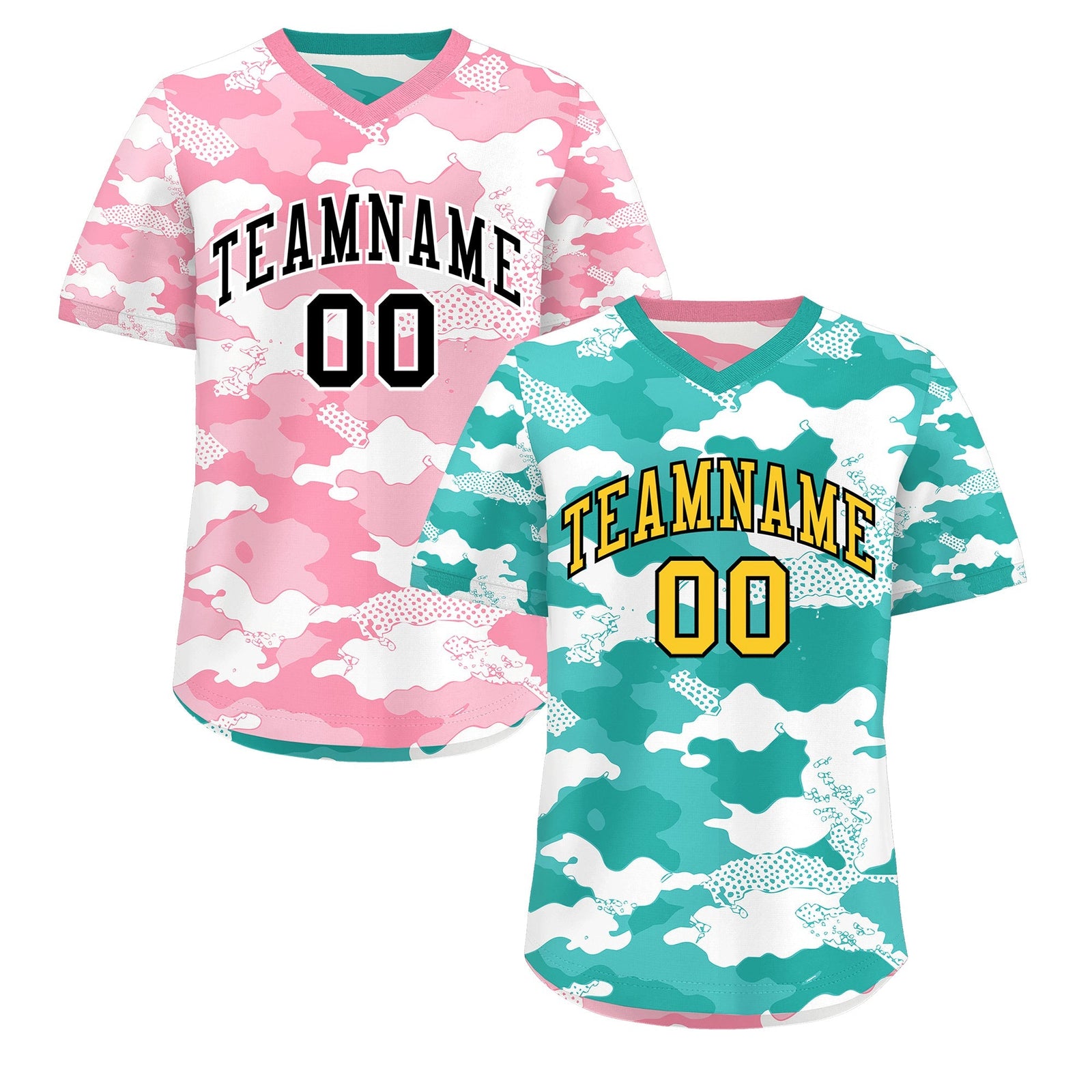 Custom Teal Aqua Light Pink Reversible Camo Stretch Fabric Baseball Jersey| KXKSHOP