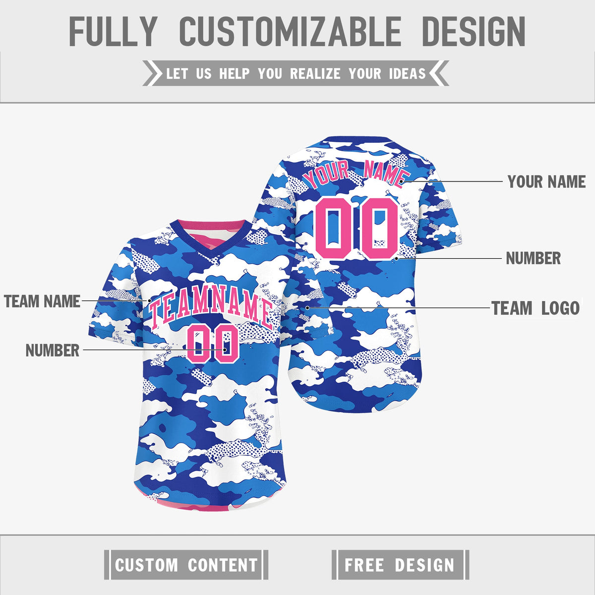 Custom Royal Blue Pink White Reversible Camo Breathable Baseball Jersey| KXKSHOP