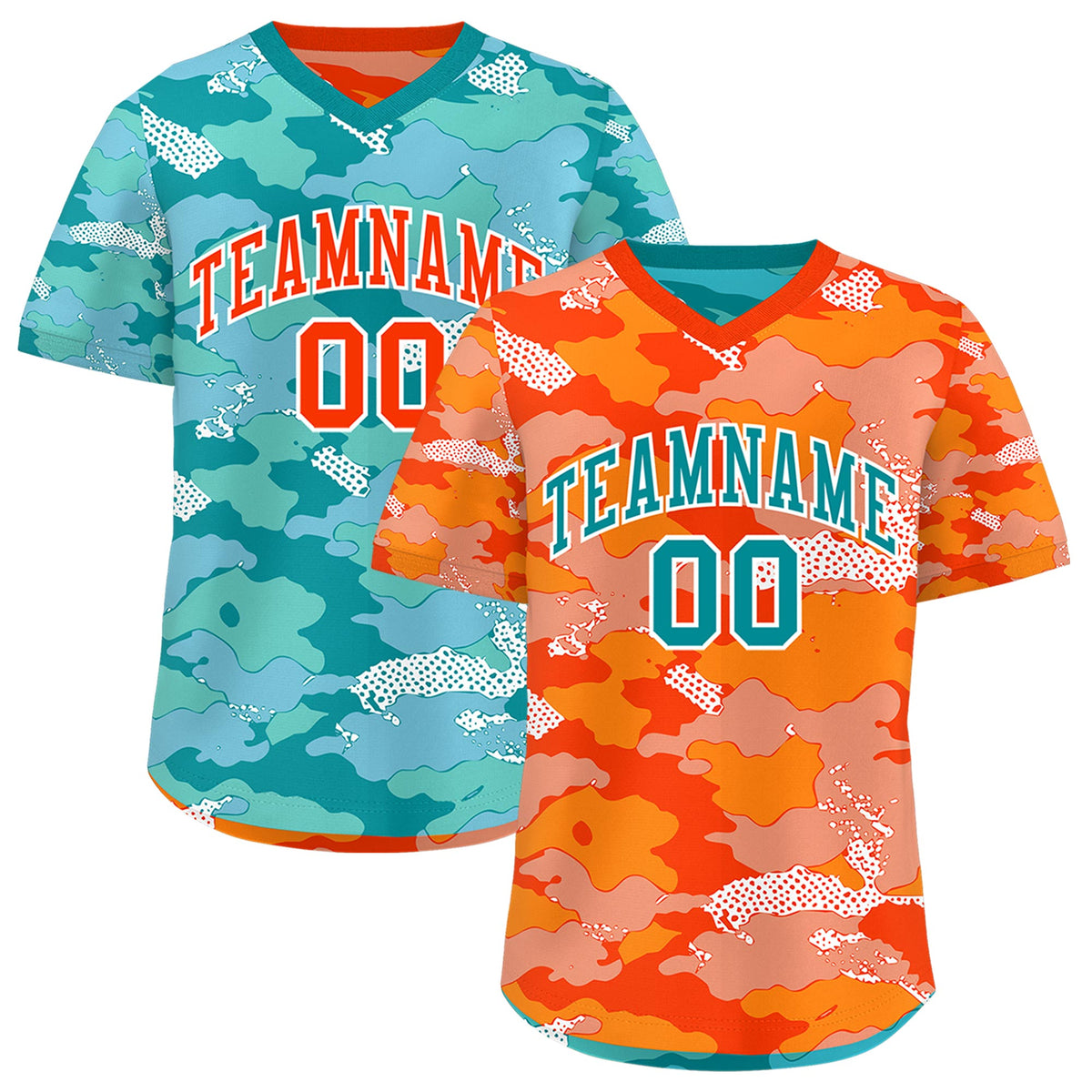 Custom Orange Light Orange Teal Reversible Camo Stretch Fabric Baseball Jersey| KXKSHOP