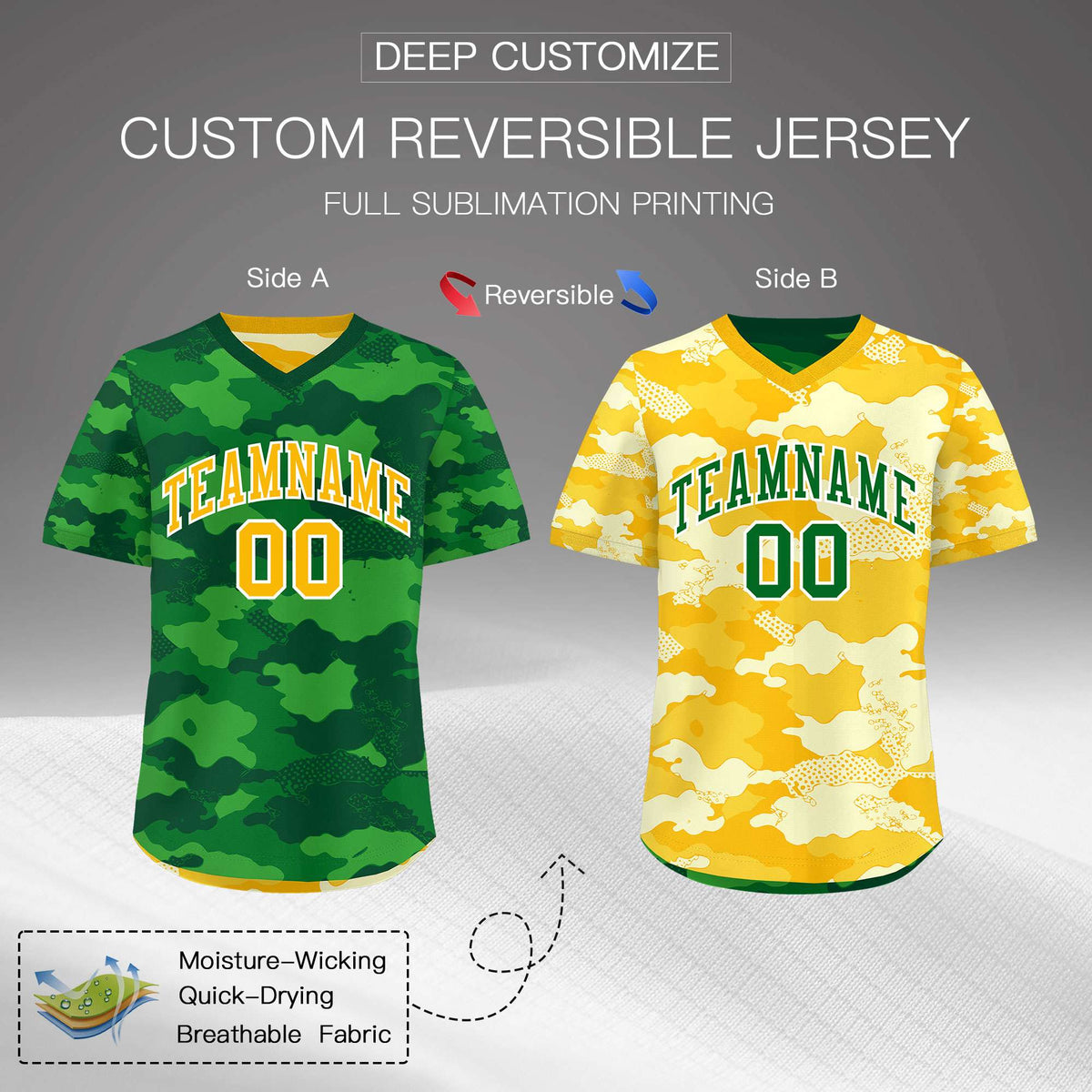 Custom Kelly Green Light Green Yellow Reversible Camo Stretch Fabric Baseball Jersey| KXKSHOP