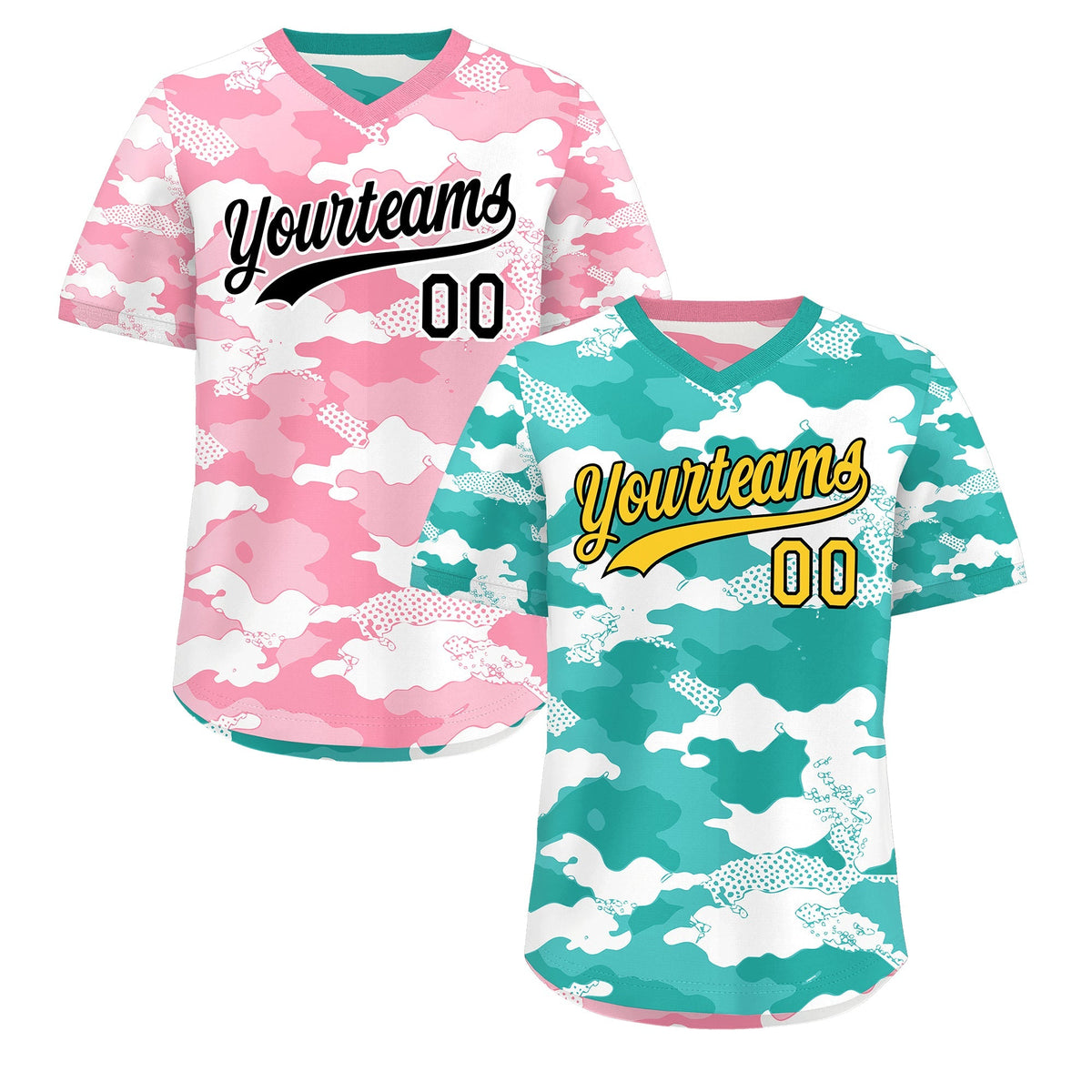 Custom Teal Aqua Light Pink Reversible Camo Stretch Fabric Baseball Jersey| KXKSHOP