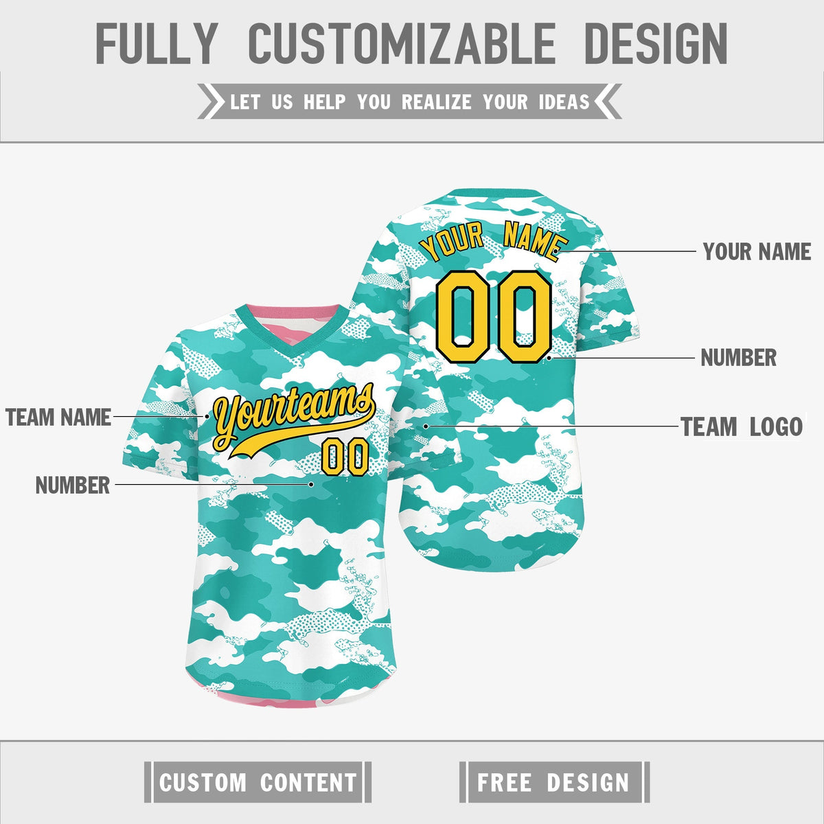 Custom Teal Aqua Light Pink Reversible Camo Stretch Fabric Baseball Jersey| KXKSHOP