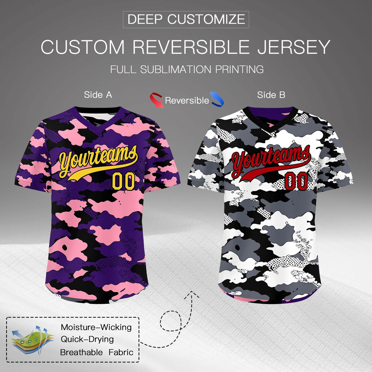 Custom Purple Light Pink White Reversible Camo Stretch Fabric Baseball Jersey| KXKSHOP