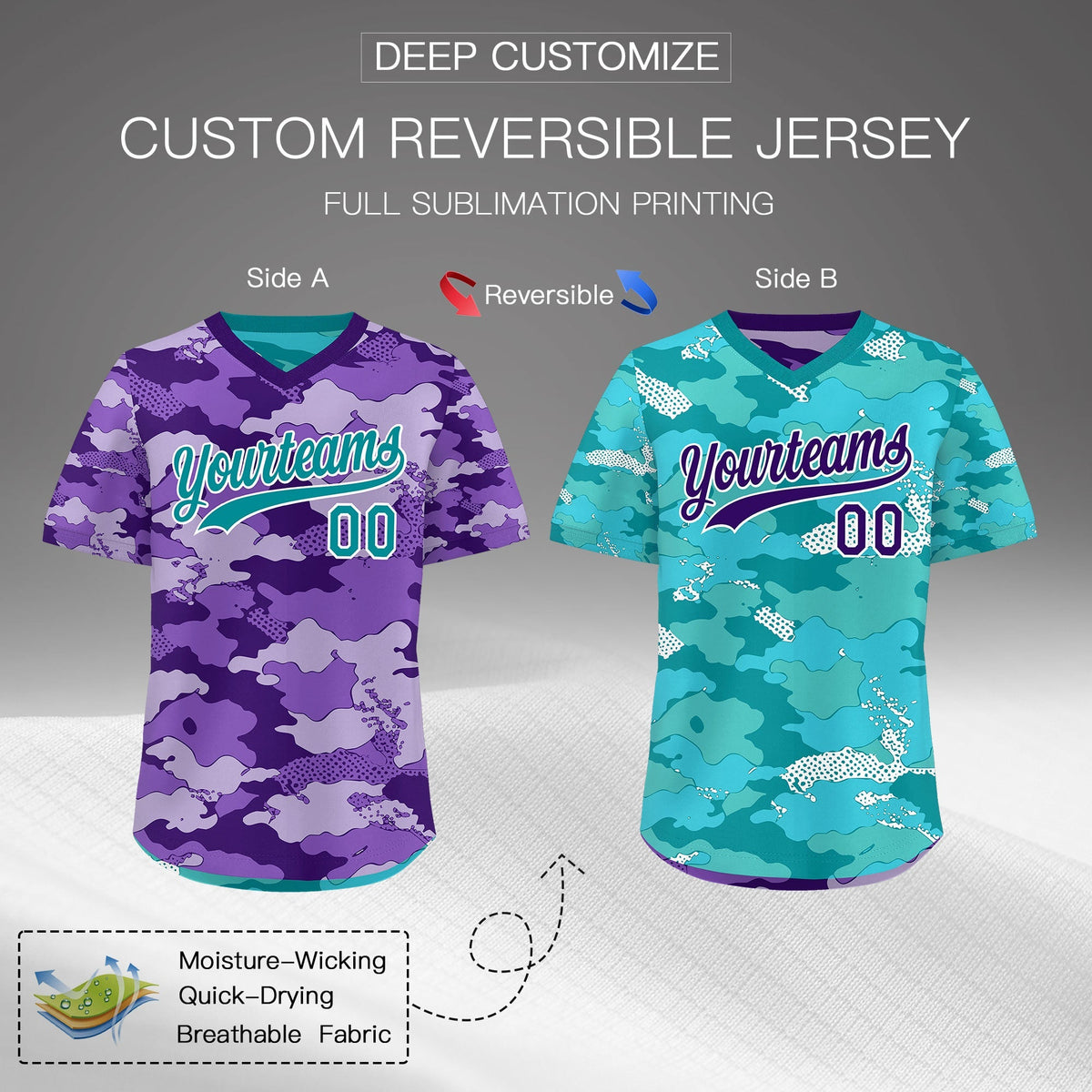 Custom Purple Light Purple Bright Green Reversible Camo Lightweight Baseball Jersey| KXKSHOP