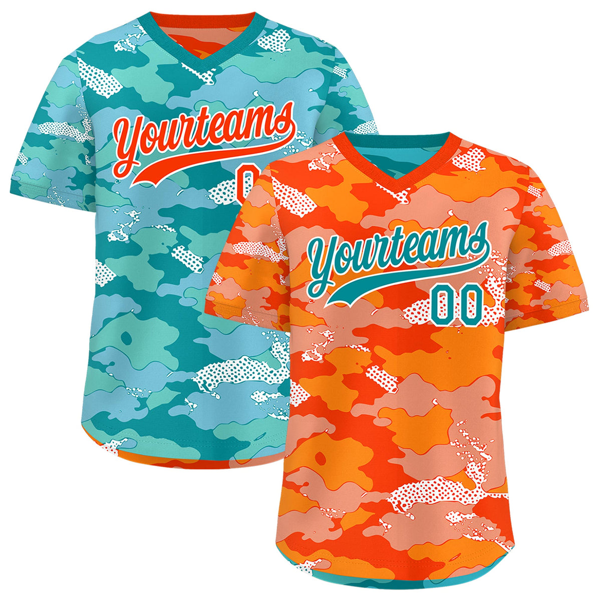 Custom Orange Light Orange Teal Reversible Camo Stretch Fabric Baseball Jersey| KXKSHOP
