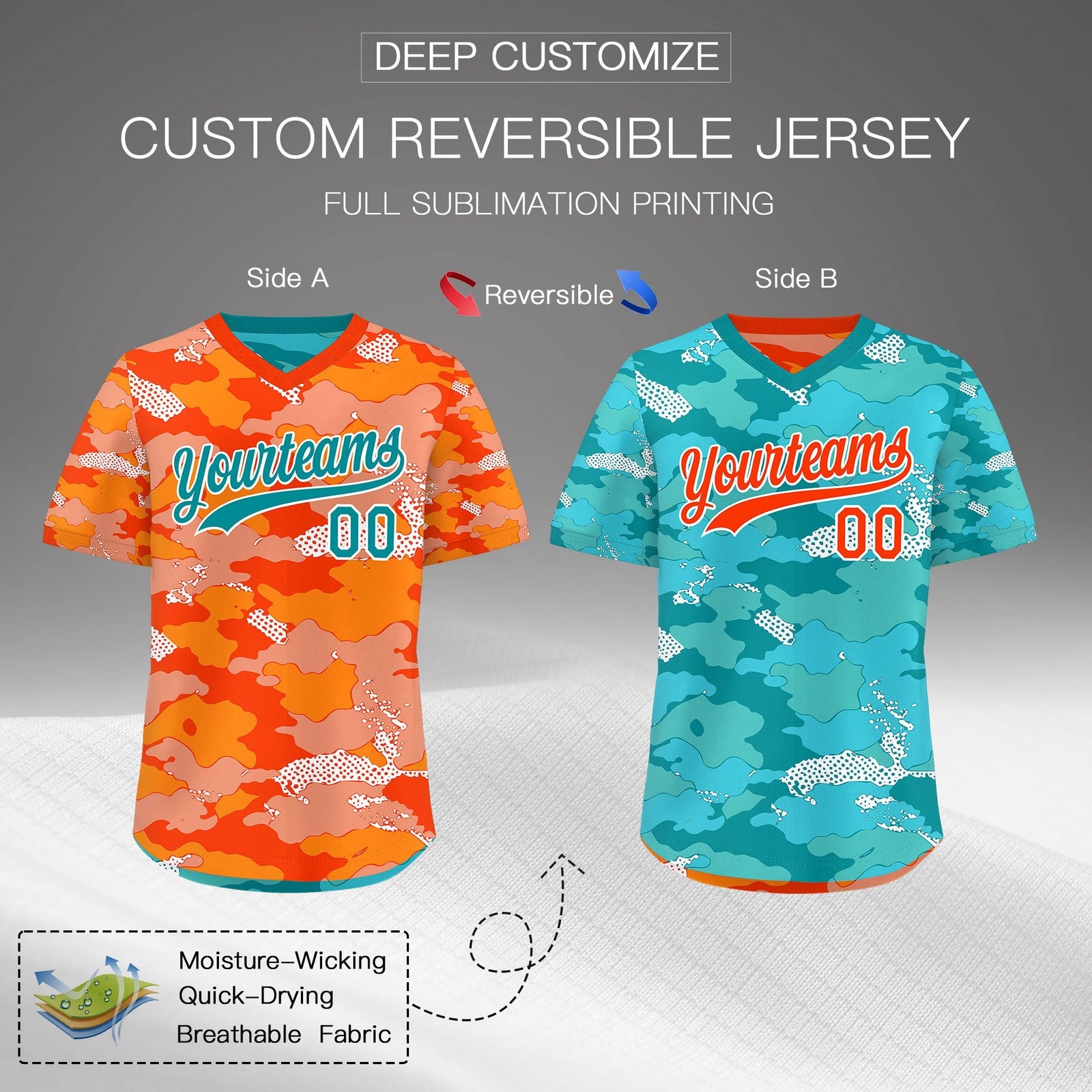 Custom Orange Light Orange Teal Reversible Camo Stretch Fabric Baseball Jersey| KXKSHOP
