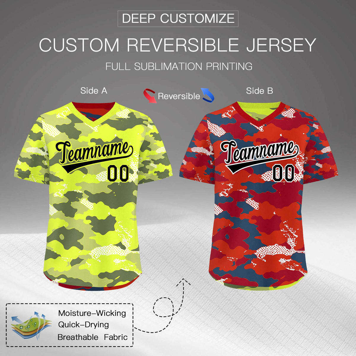 Custom Fluorescent Green Crimson Reversible Camo Stretch Fabric Baseball Jersey| KXKSHOP