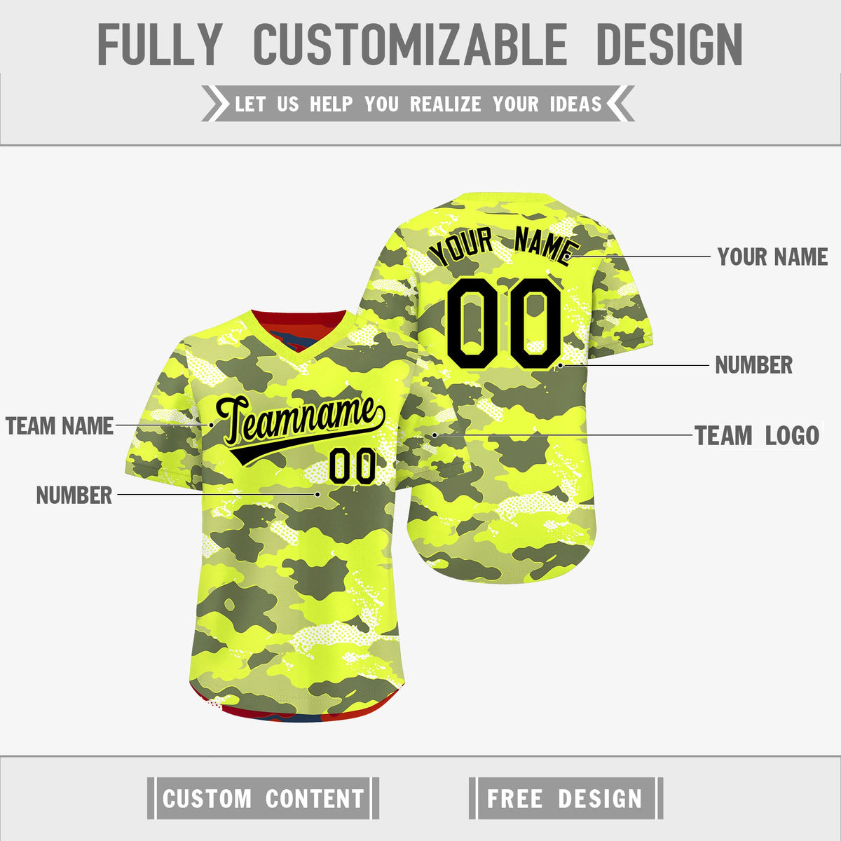 Custom Fluorescent Green Crimson Reversible Camo Stretch Fabric Baseball Jersey| KXKSHOP