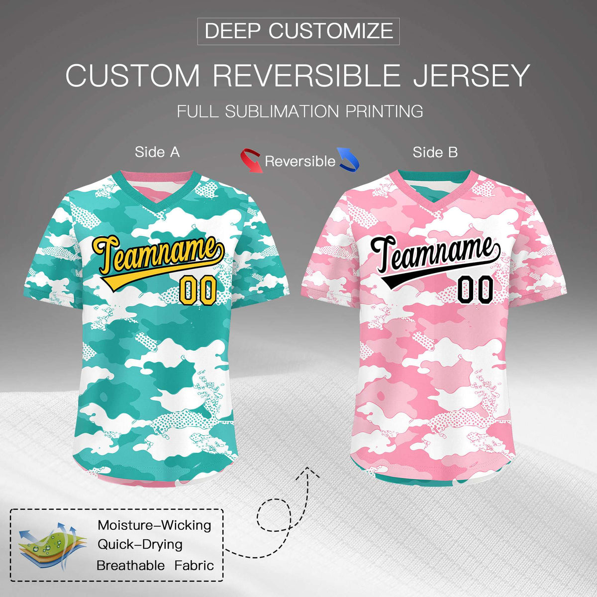 Custom Teal Aqua Light Pink Reversible Camo Stretch Fabric Baseball Jersey| KXKSHOP