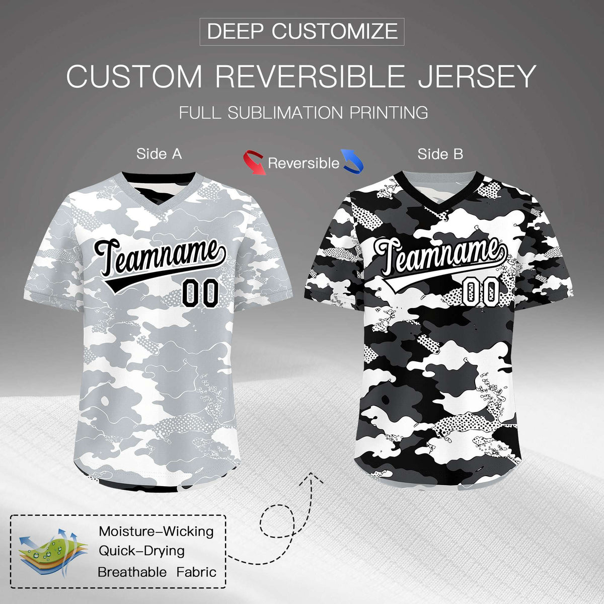 Custom White Black Reversible Camo Breathable Baseball Jersey| KXKSHOP