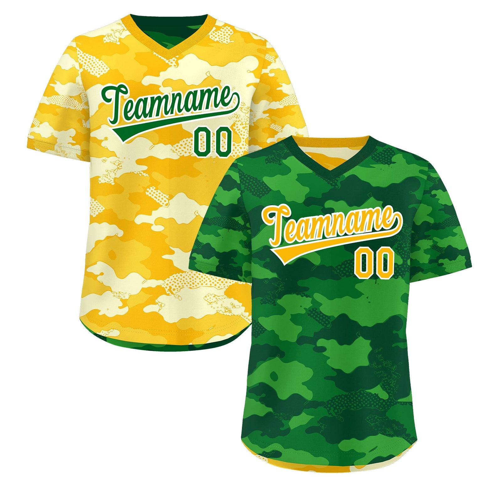 Custom Kelly Green Light Green Yellow Reversible Camo Stretch Fabric Baseball Jersey| KXKSHOP