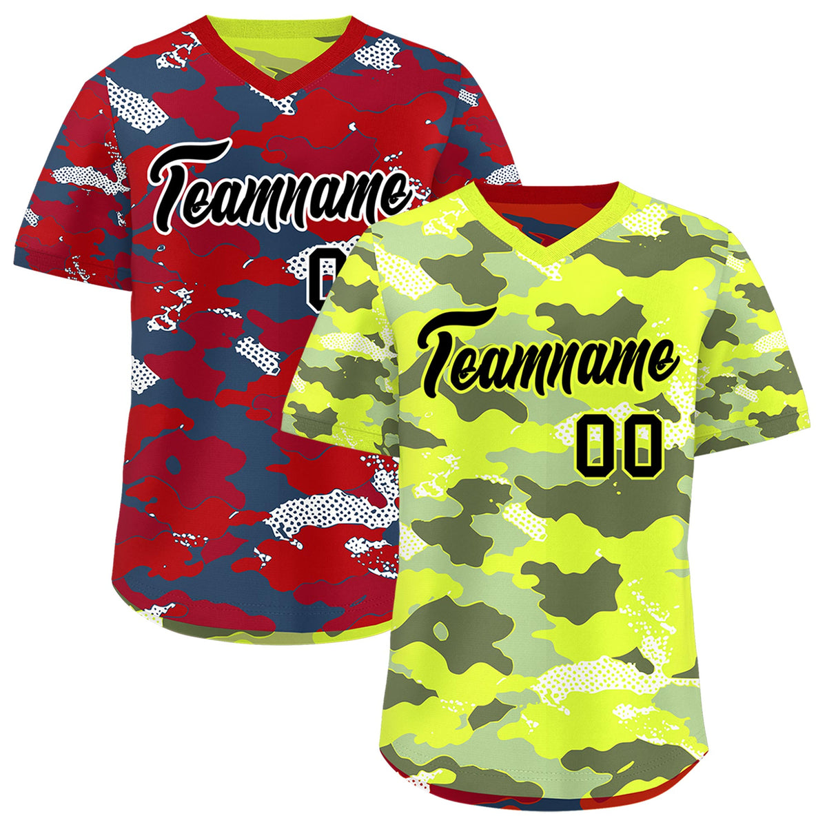 Custom Fluorescent Green Crimson Reversible Camo Stretch Fabric Baseball Jersey| KXKSHOP
