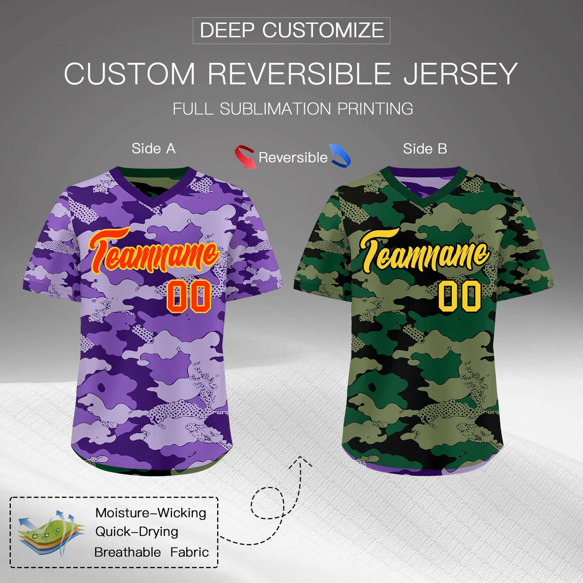 Custom Light Purple Dark Green Reversible Camo Lightweight Baseball Jersey| KXKSHOP