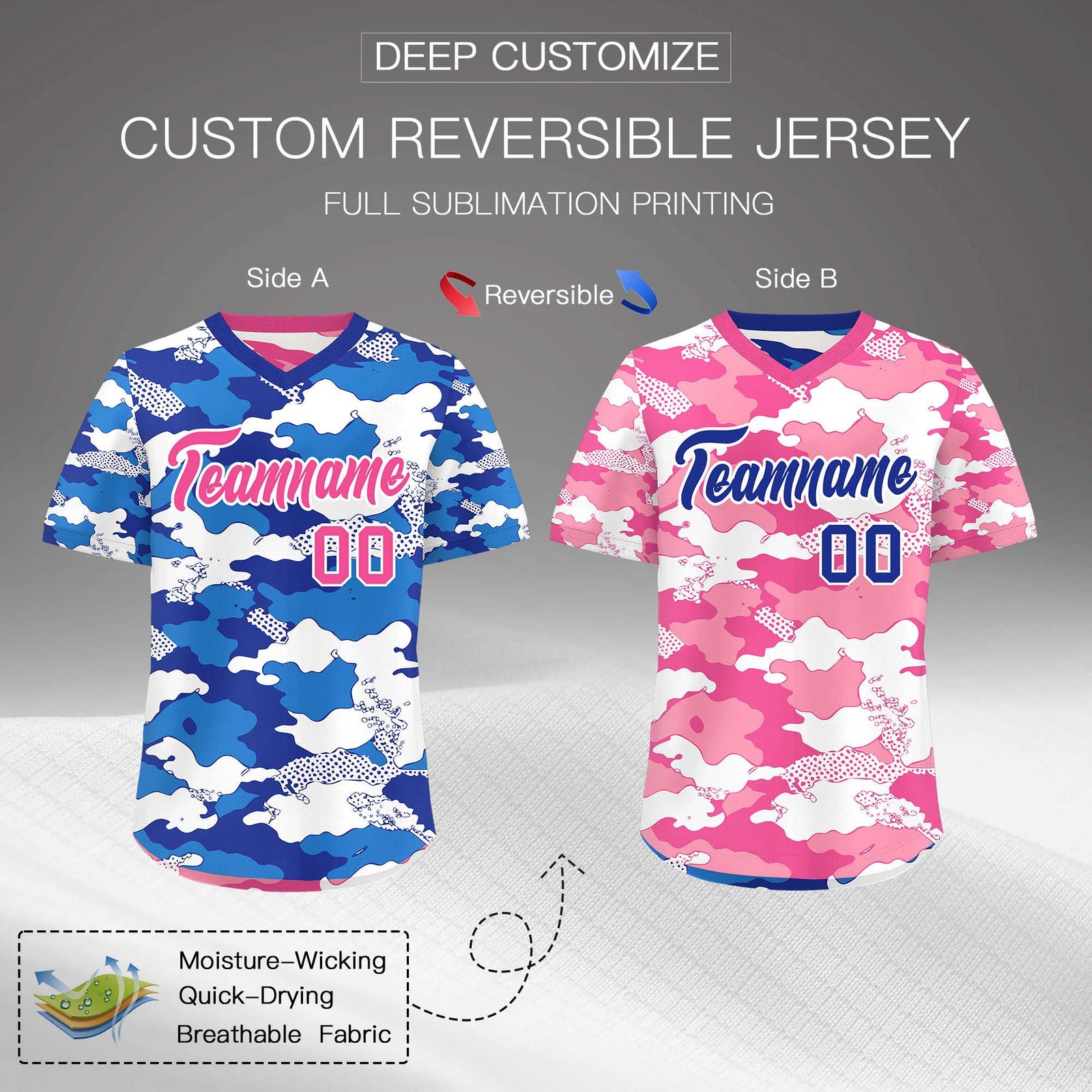 Custom Royal Blue Pink White Reversible Camo Breathable Baseball Jersey| KXKSHOP