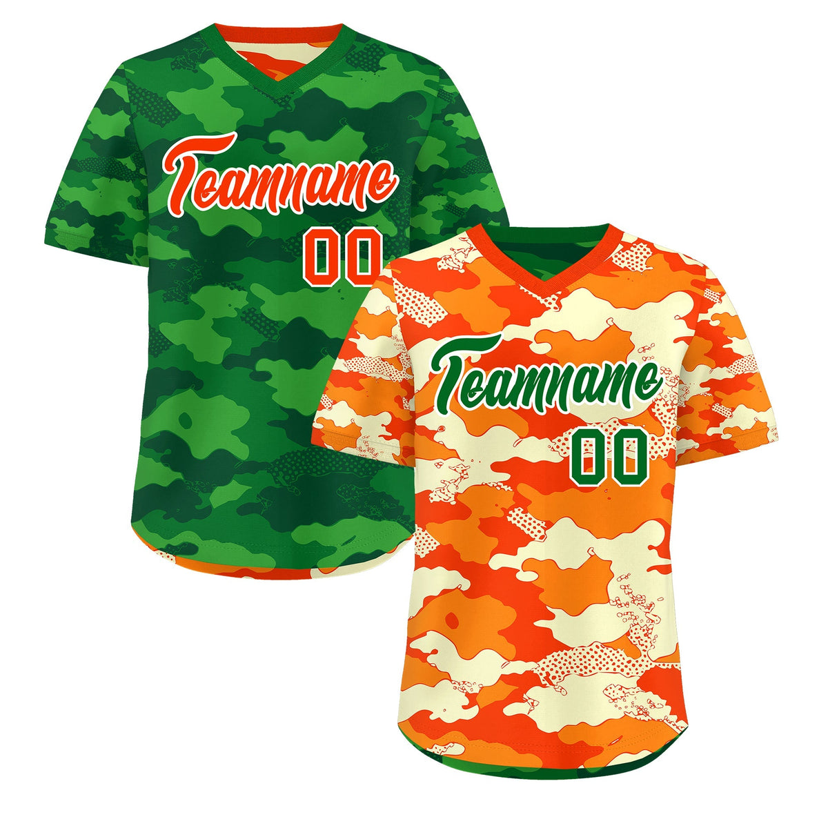 Custom Orange Dark Green Kelly Green Reversible Camo Stretch Fabric Baseball Jersey| KXKSHOP