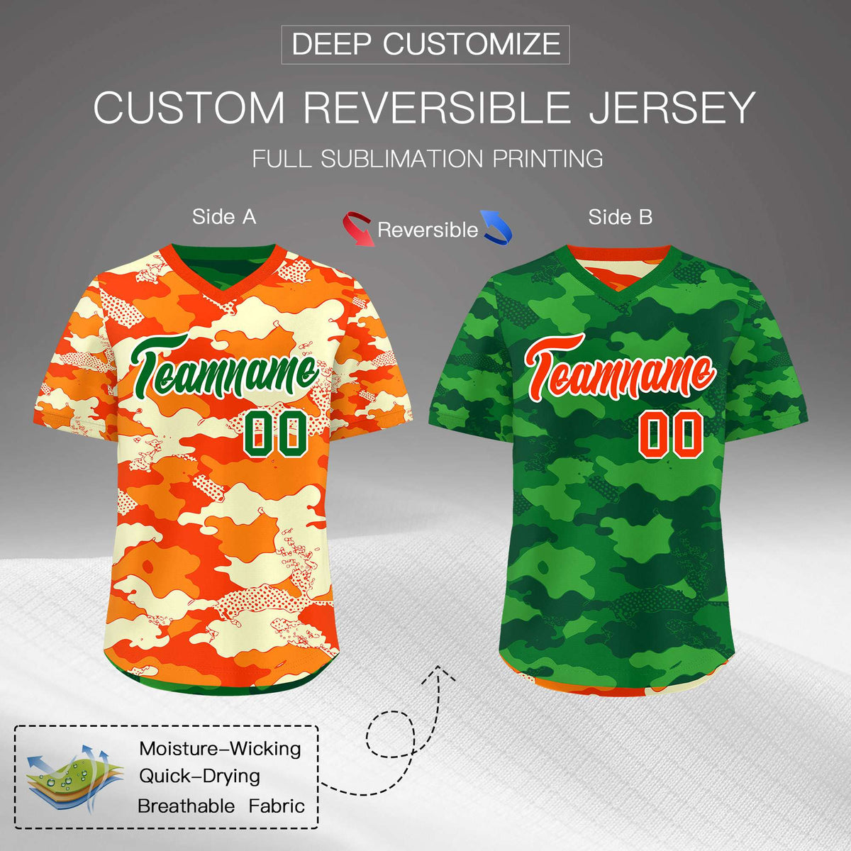 Custom Orange Dark Green Kelly Green Reversible Camo Stretch Fabric Baseball Jersey| KXKSHOP