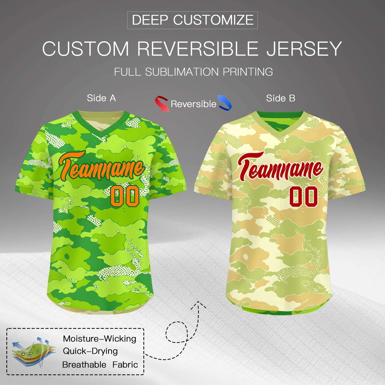 Custom Neon Green Cream Khaki Reversible Camo Breathable Baseball Jersey| KXKSHOP