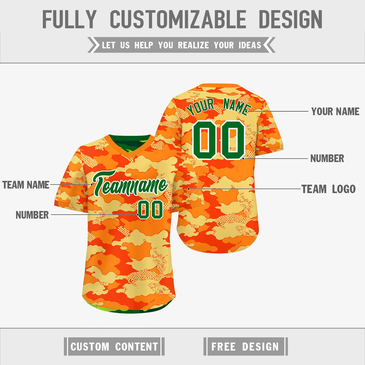 Custom Orange Dark Green Kelly Green Reversible Camo Breathable Baseball Jersey| KXKSHOP