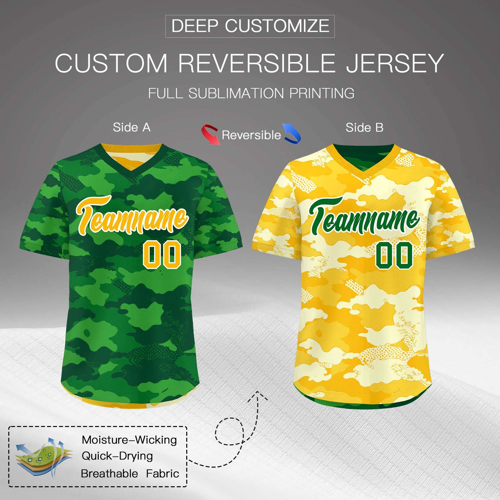 Custom Kelly Green Light Green Yellow Reversible Camo Stretch Fabric Baseball Jersey| KXKSHOP