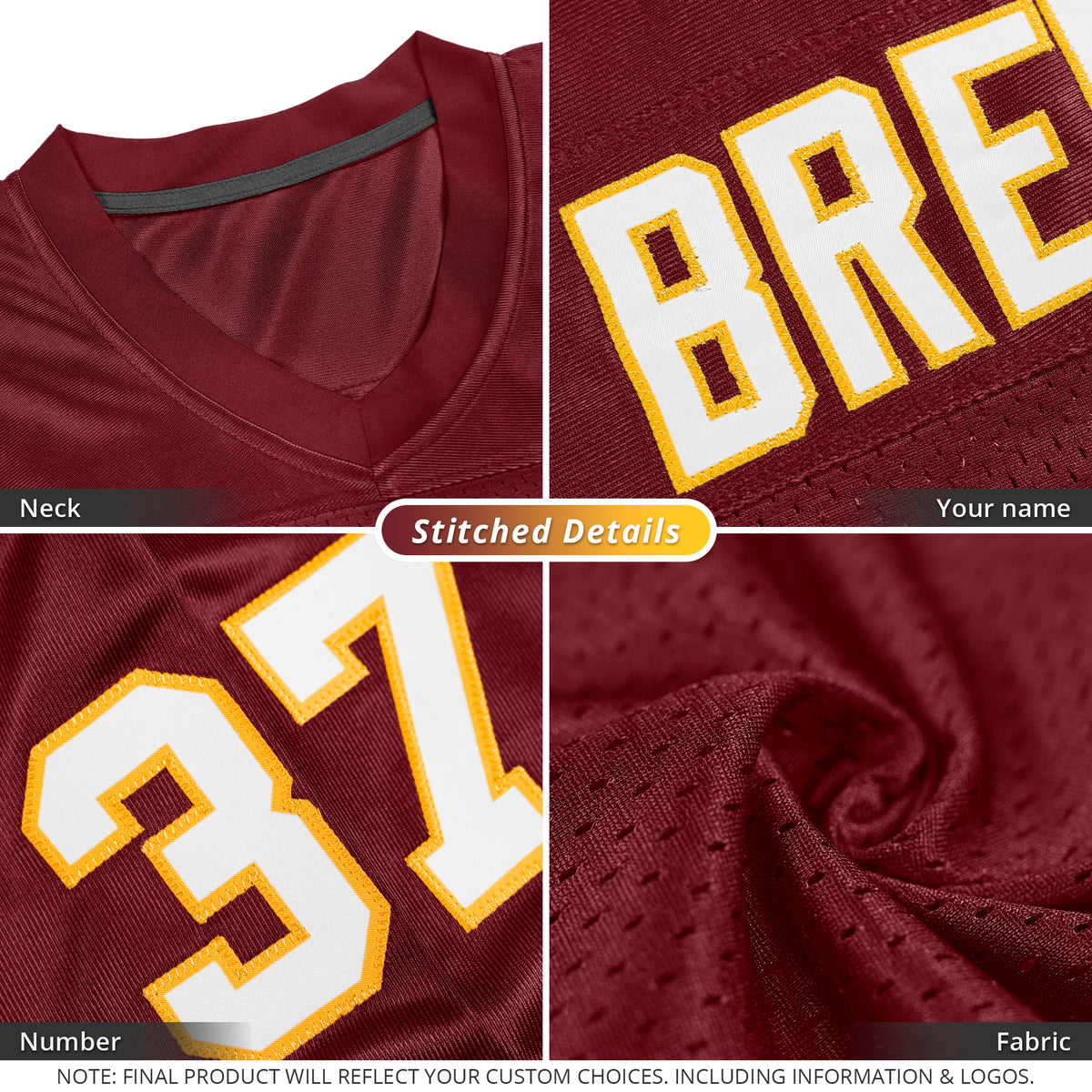 Custom Burgundy White-Gold Classic Style Mesh Authentic Football Jersey