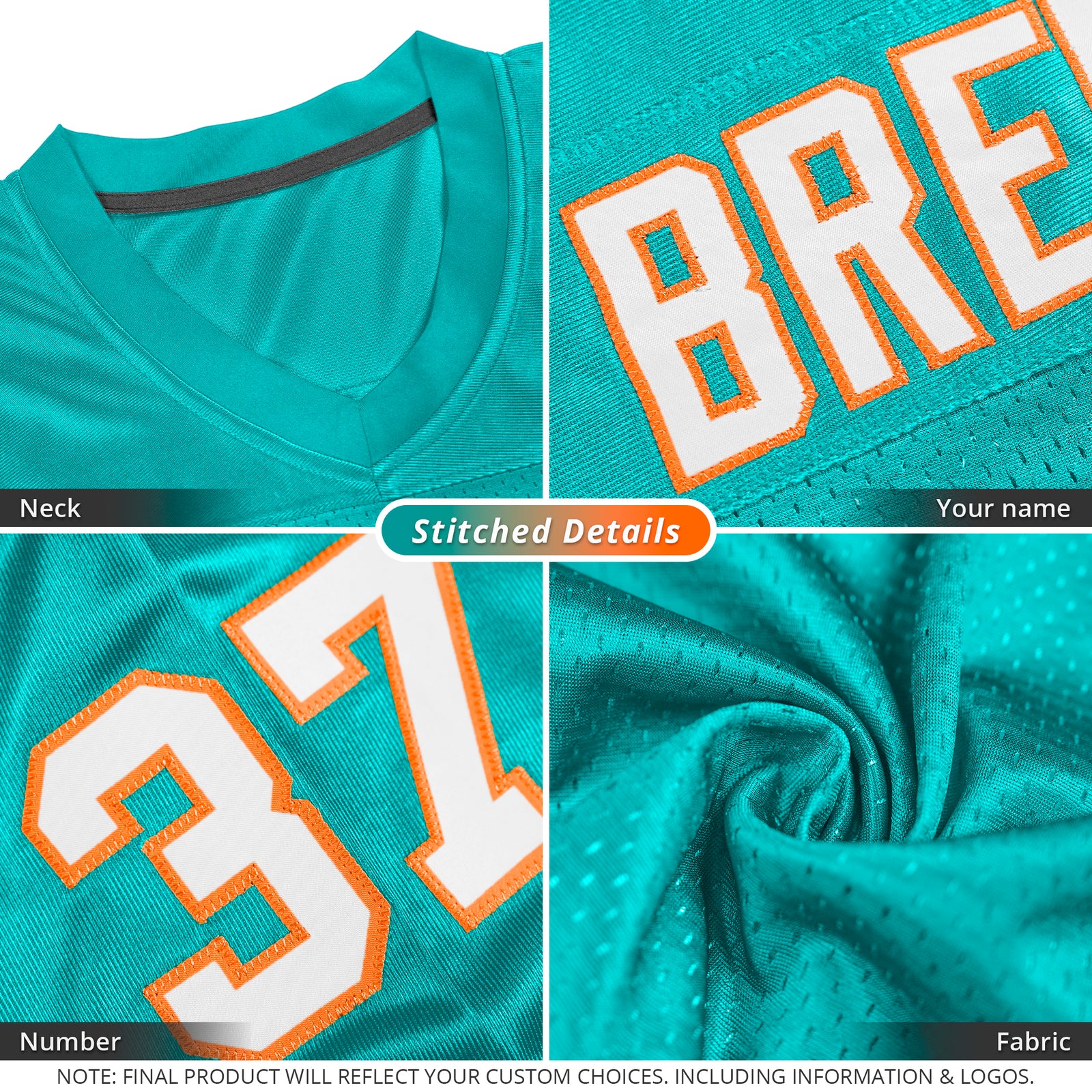 Custom Aqua White-Orange Classic Style Mesh Authentic Football Jersey