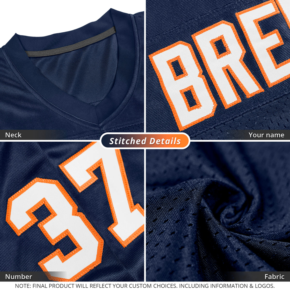 Custom Navy White-Orange Classic Style Mesh Authentic Football Jersey