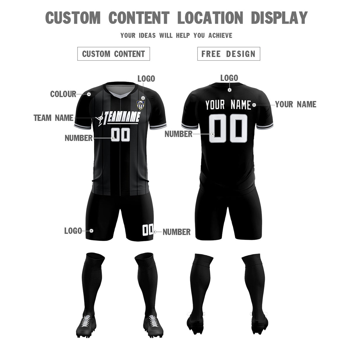 Custom Black Classic Striped Personalized Soccer Tops/Sets Jersey