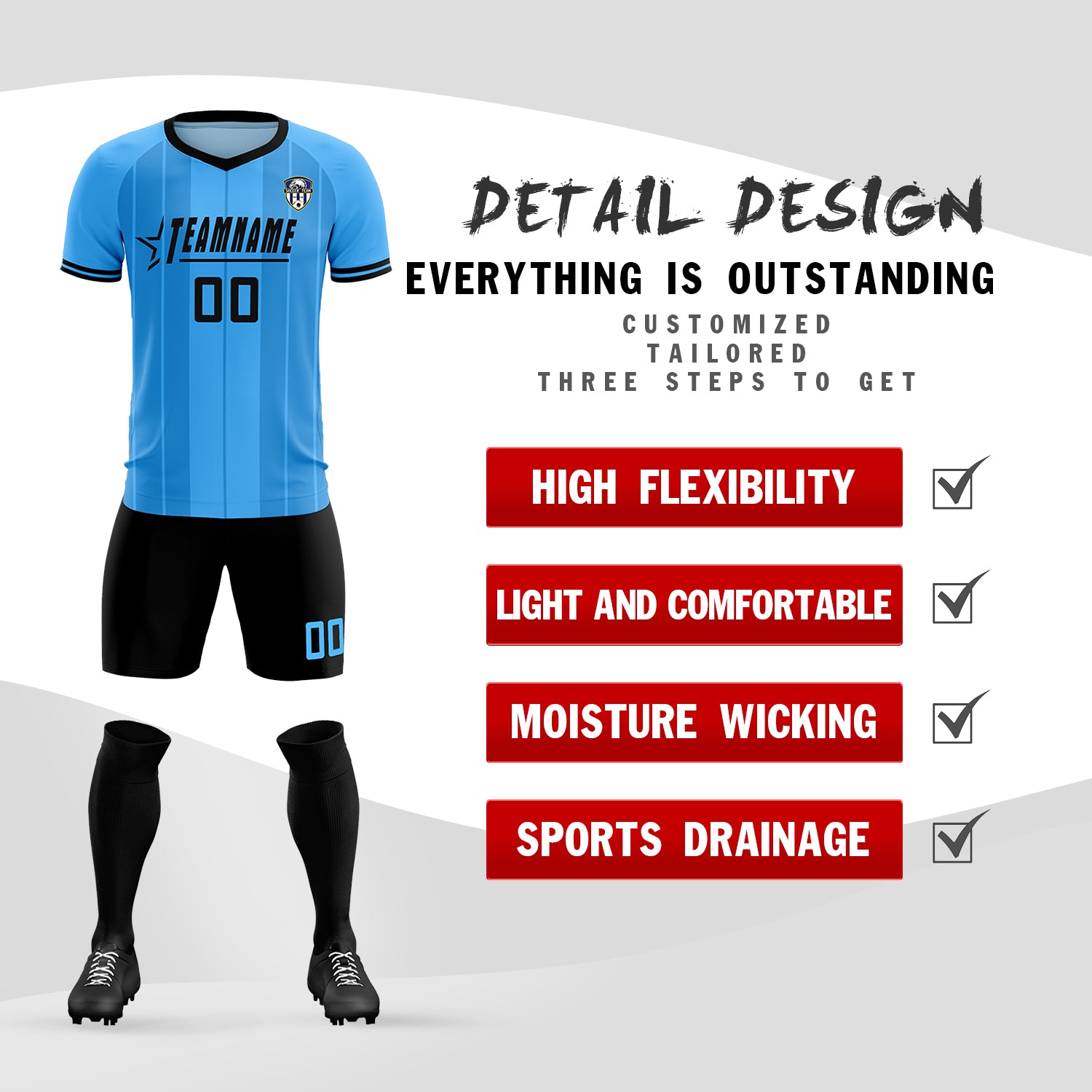 Custom Powder Blue Classic Striped Personalized Soccer Tops/Sets Jersey
