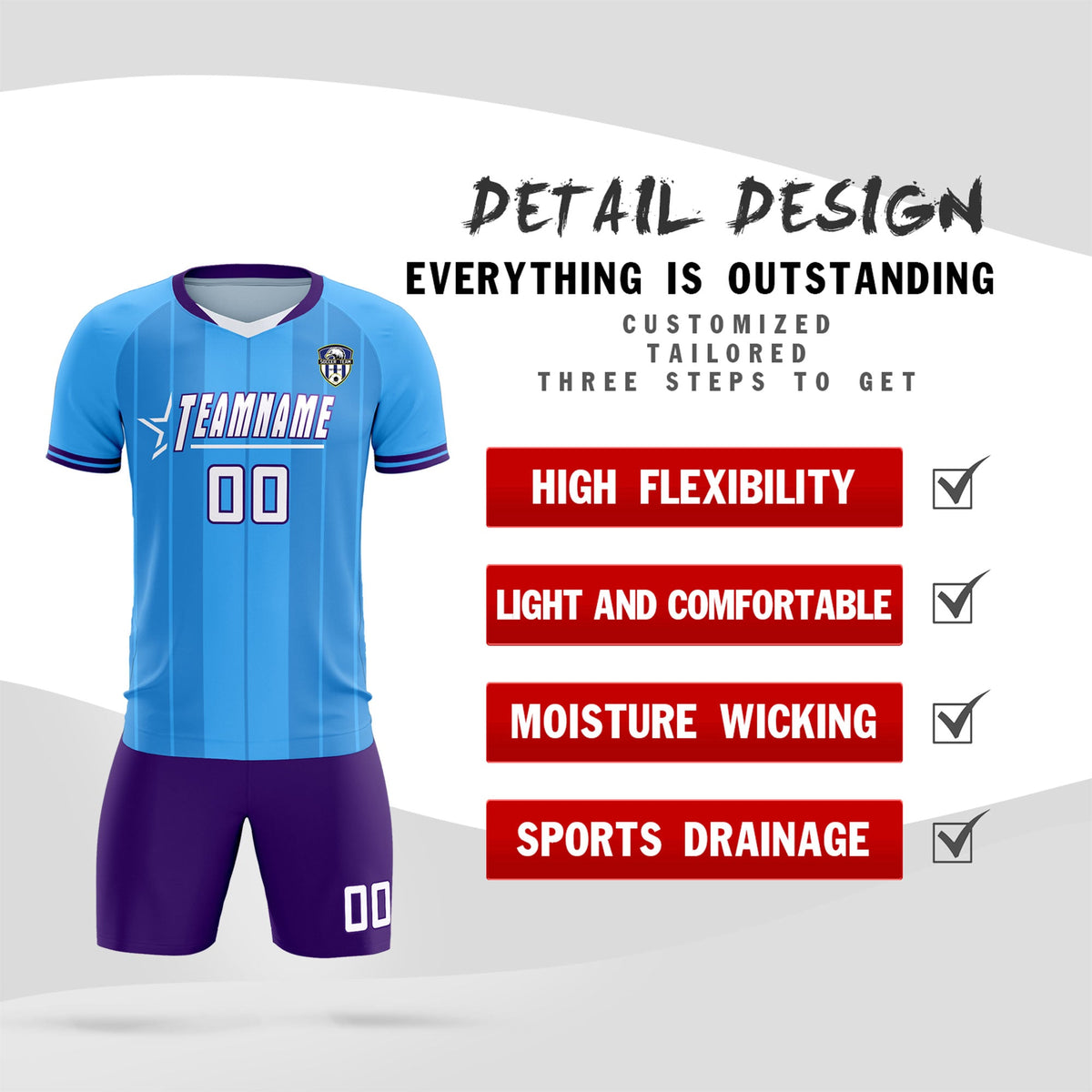Custom Powder Blue Classic Striped Personalized Soccer Tops/Sets Jersey