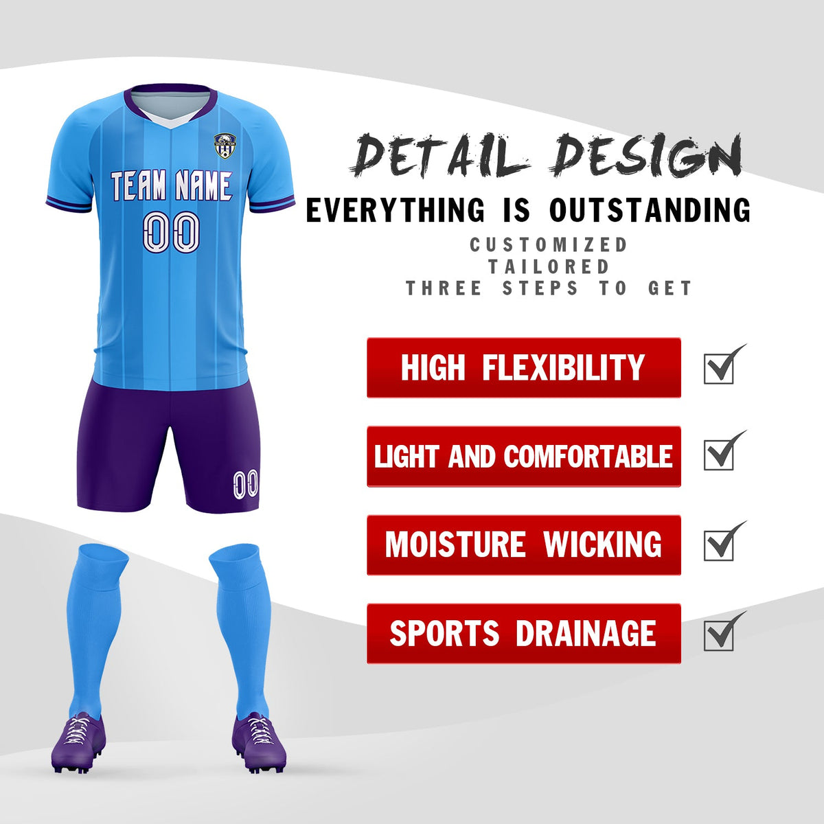 Custom Powder Blue Classic Striped Personalized Soccer Tops/Sets Jersey