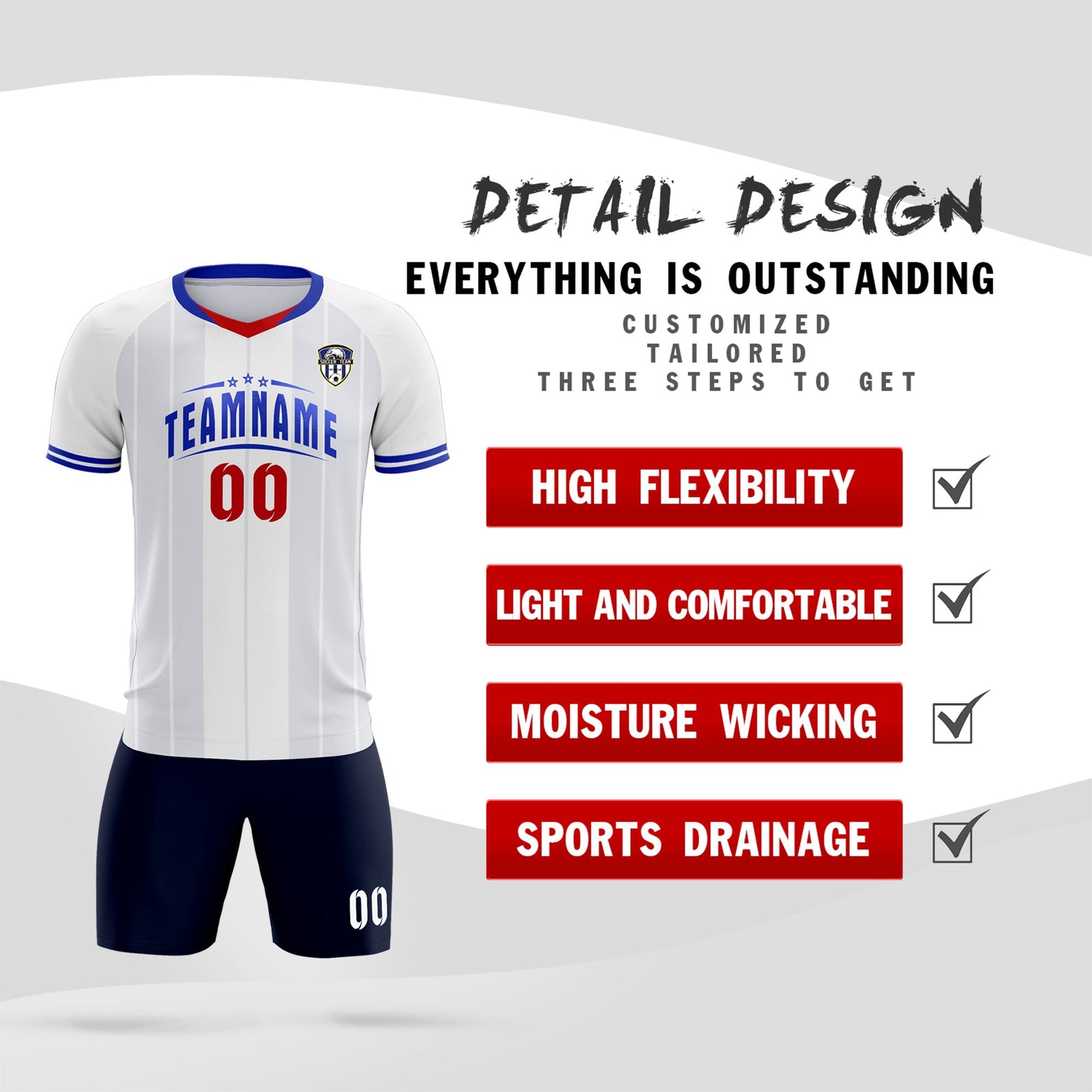 Custom White Classic Striped Personalized Soccer Tops/Sets Jersey