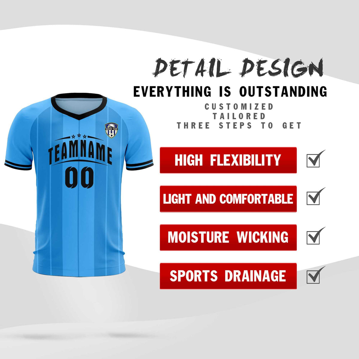 Custom Powder Blue Classic Striped Personalized Soccer Tops/Sets Jersey
