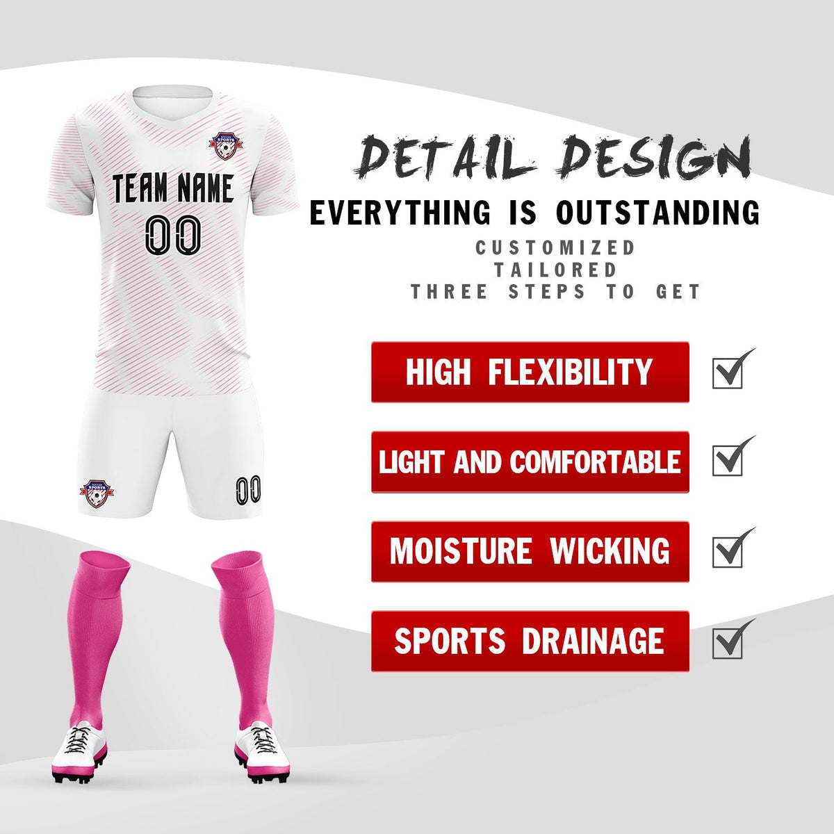 Custom White Pink Training Uniform For Men Soccer Sets Jersey